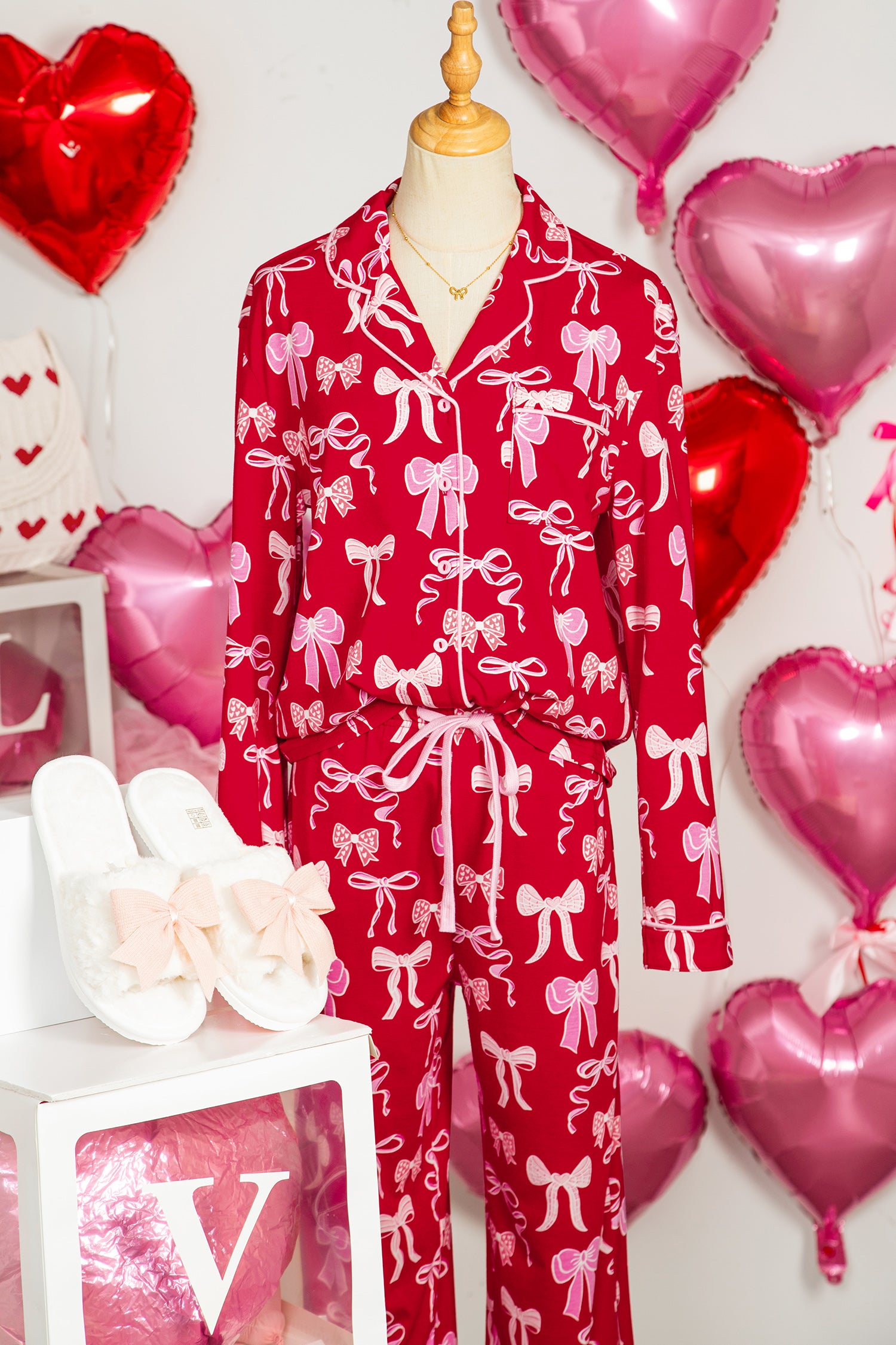 Red Sweet Bow Print Shirt Style Top Long 2pcs Pajama Set-Loungewear & Sleepwear/Sleepwear-[Adult]-[Female]-2022 Online Blue Zone Planet