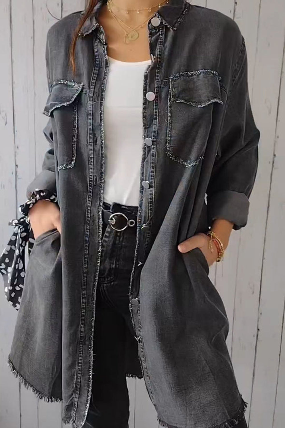 Full Size Pocketed Button Up Long Sleeve Denim Jacket-TOPS / DRESSES-[Adult]-[Female]-Dark Gray-S-2022 Online Blue Zone Planet