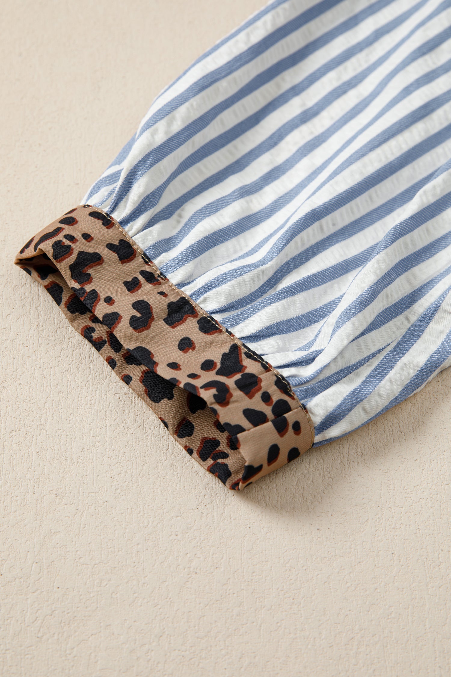 Sky Blue Stripe Leopard Trim V Neck Button Down Half Sleeve Shirt-Tops/Blouses & Shirts-[Adult]-[Female]-2022 Online Blue Zone Planet