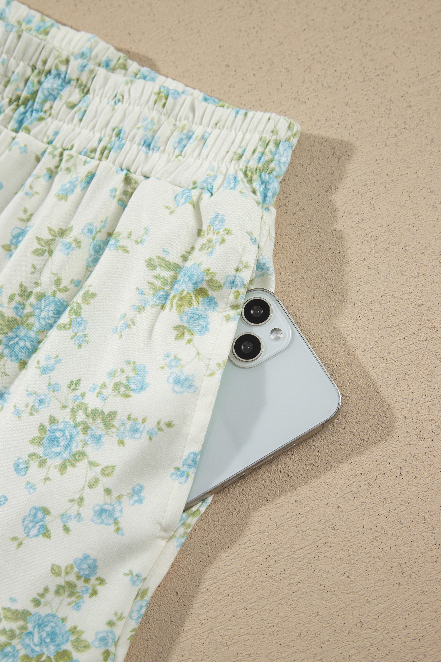 Sky Blue Floral Print Short Sleeve Elastic Waist Pocket Two Piece Set-Two Piece Sets/Short Sets-[Adult]-[Female]-2022 Online Blue Zone Planet