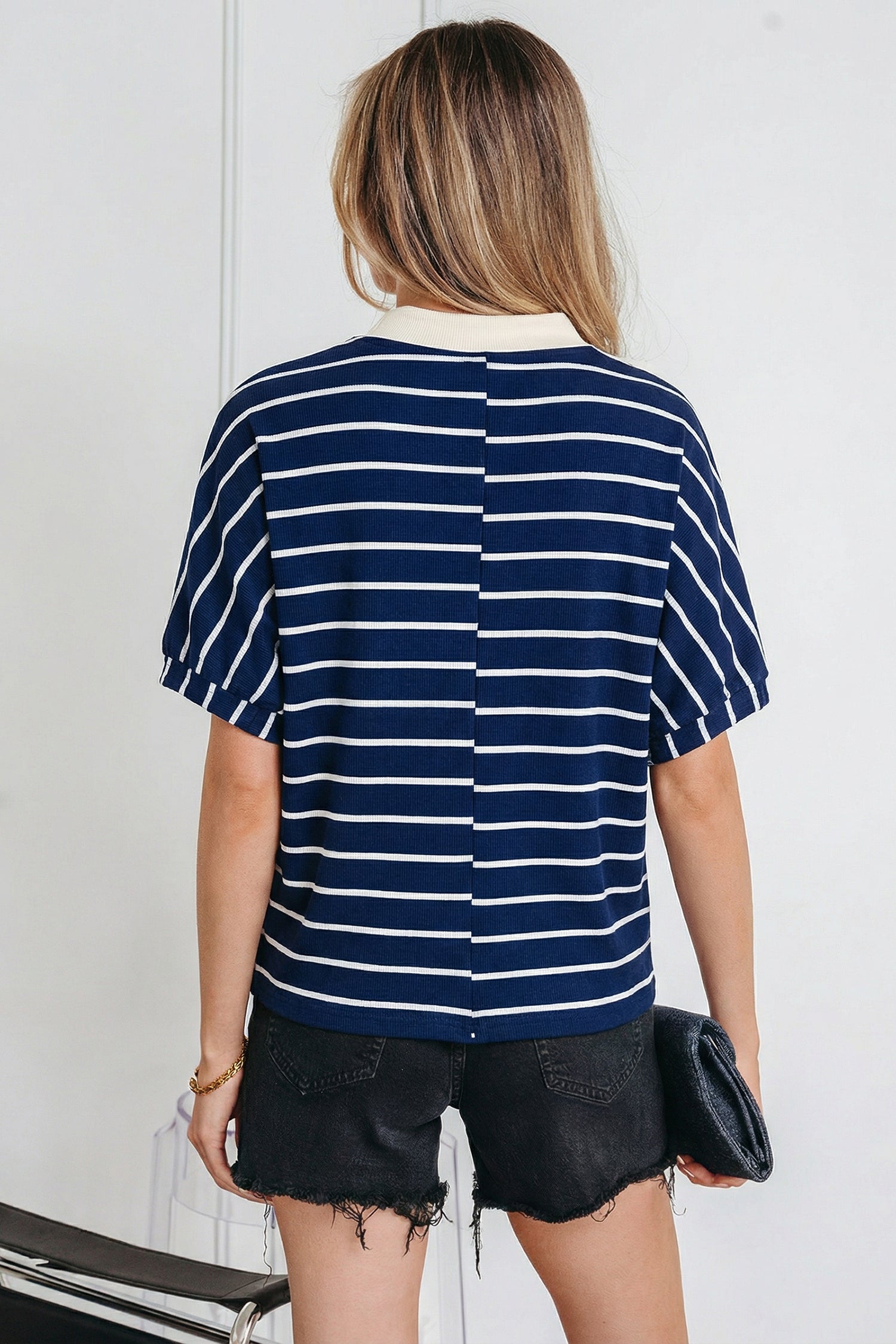 Blue Stripe Stand Collar V Neck Elastic Cuffs Half Sleeve Dolman Top-Tops/Tops & Tees-[Adult]-[Female]-2022 Online Blue Zone Planet