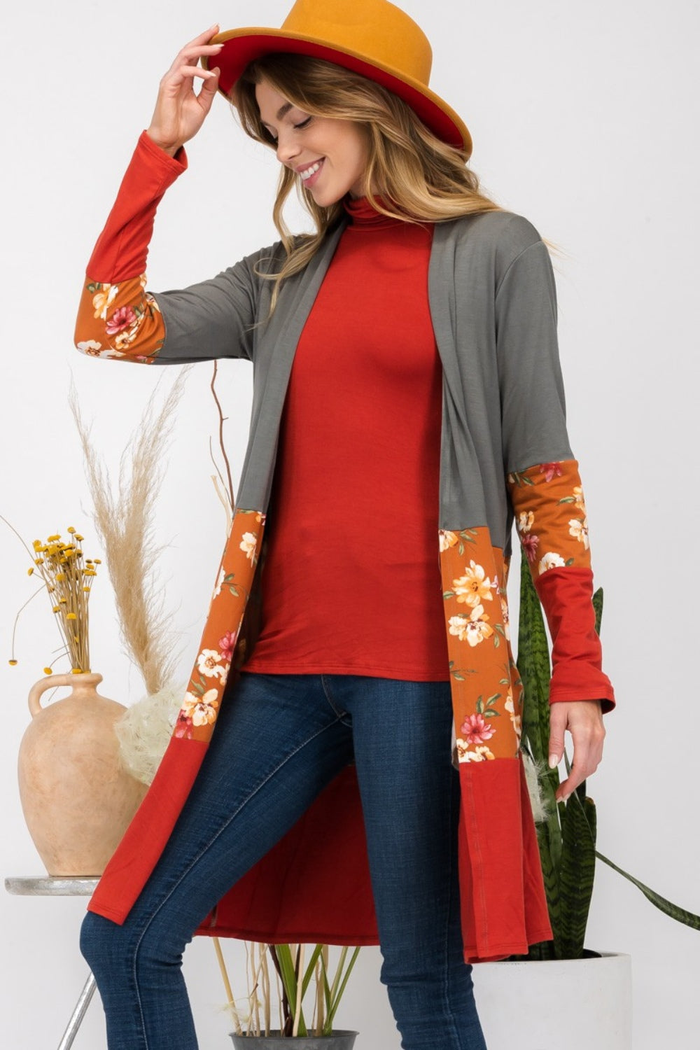 Celeste Full Size Floral Color Block Open Front Cardigan-TOPS / DRESSES-[Adult]-[Female]-2022 Online Blue Zone Planet