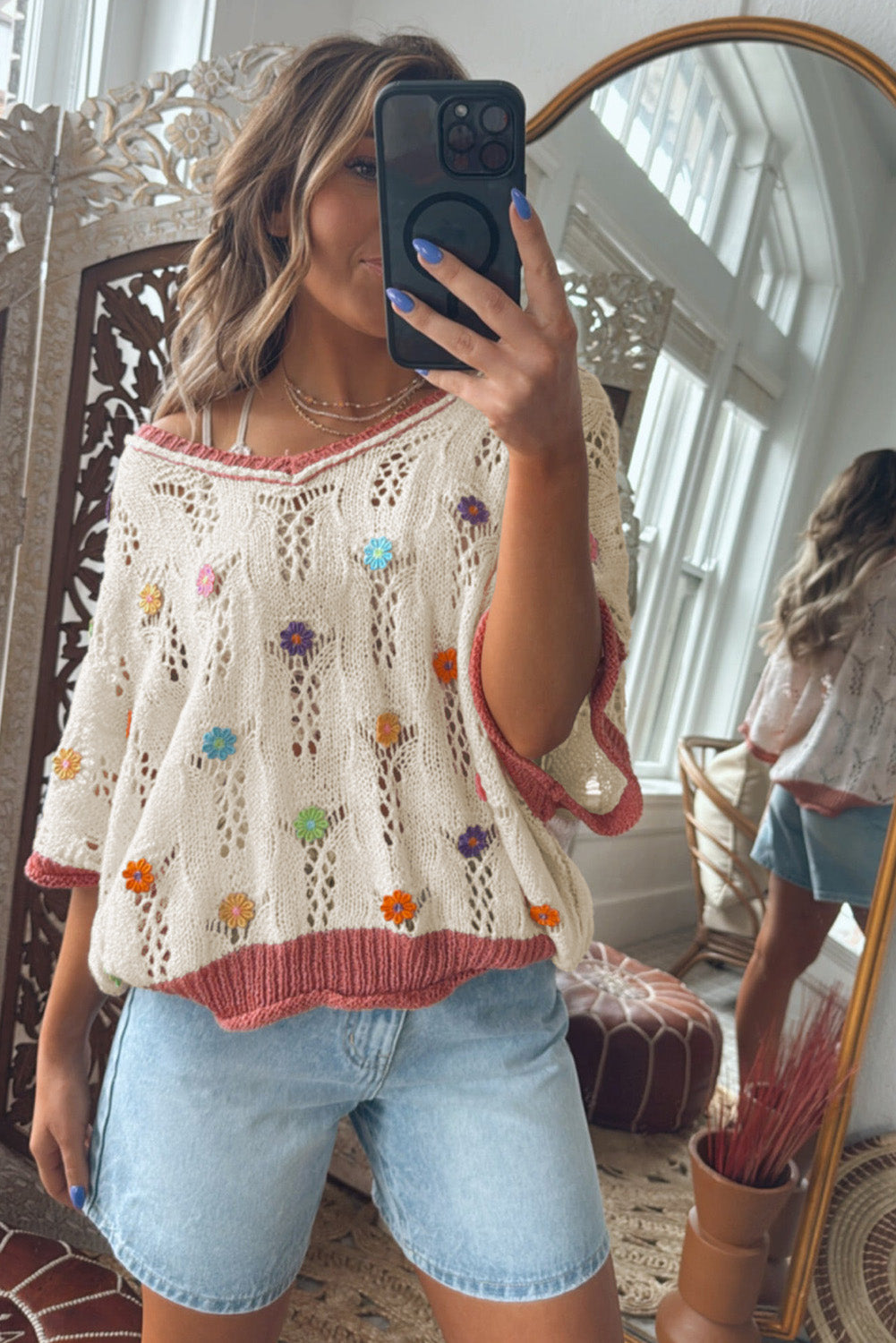 Delicacy Embroidered Flowers Colorblock Edge Hollowed Sweater-TOPS / DRESSES-[Adult]-[Female]-2022 Online Blue Zone Planet