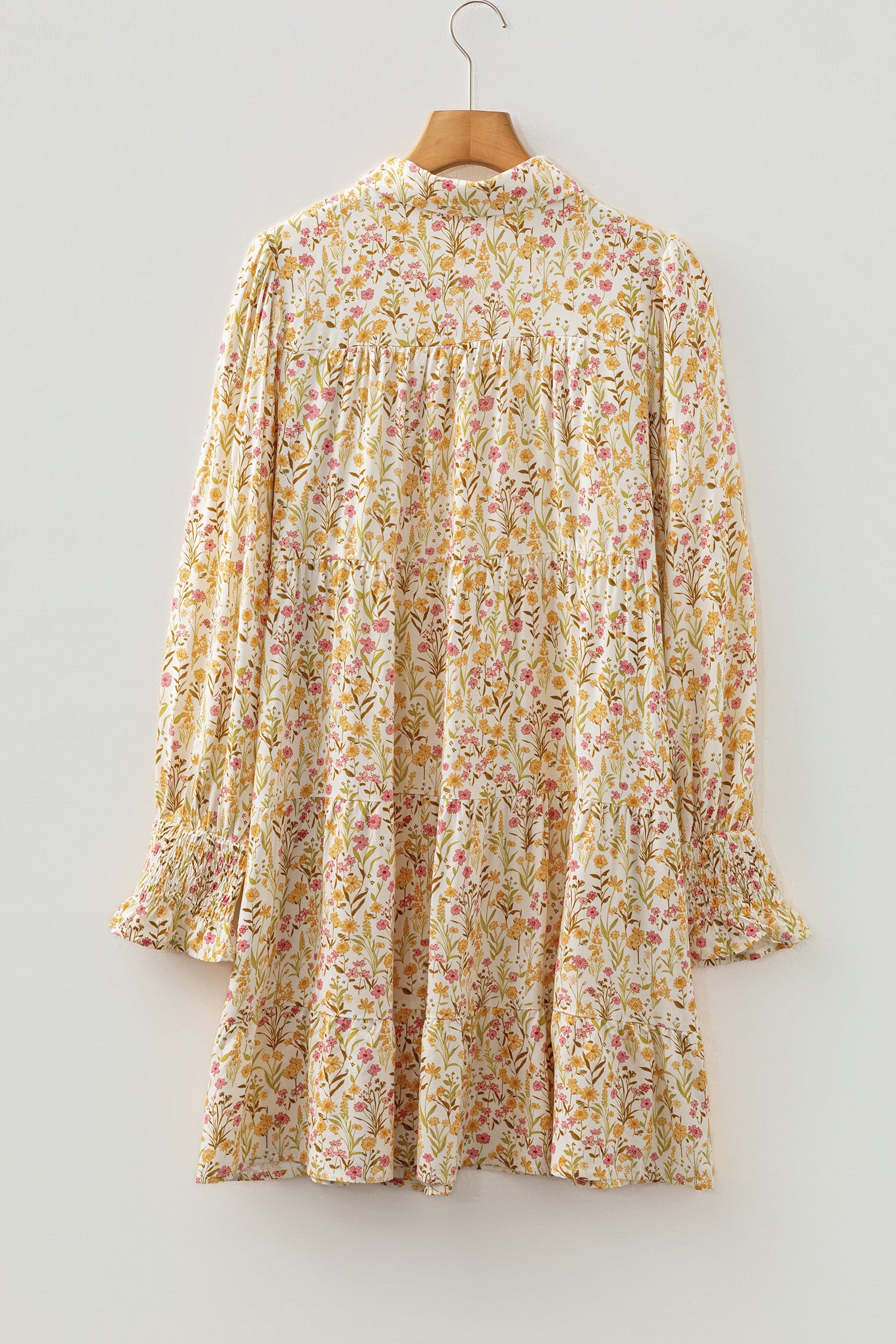 Yellow Floral Print Frilly Trim Smocked Cuff Long Sleeve Loose Shirt Dress-TOPS / DRESSES-[Adult]-[Female]-2022 Online Blue Zone Planet