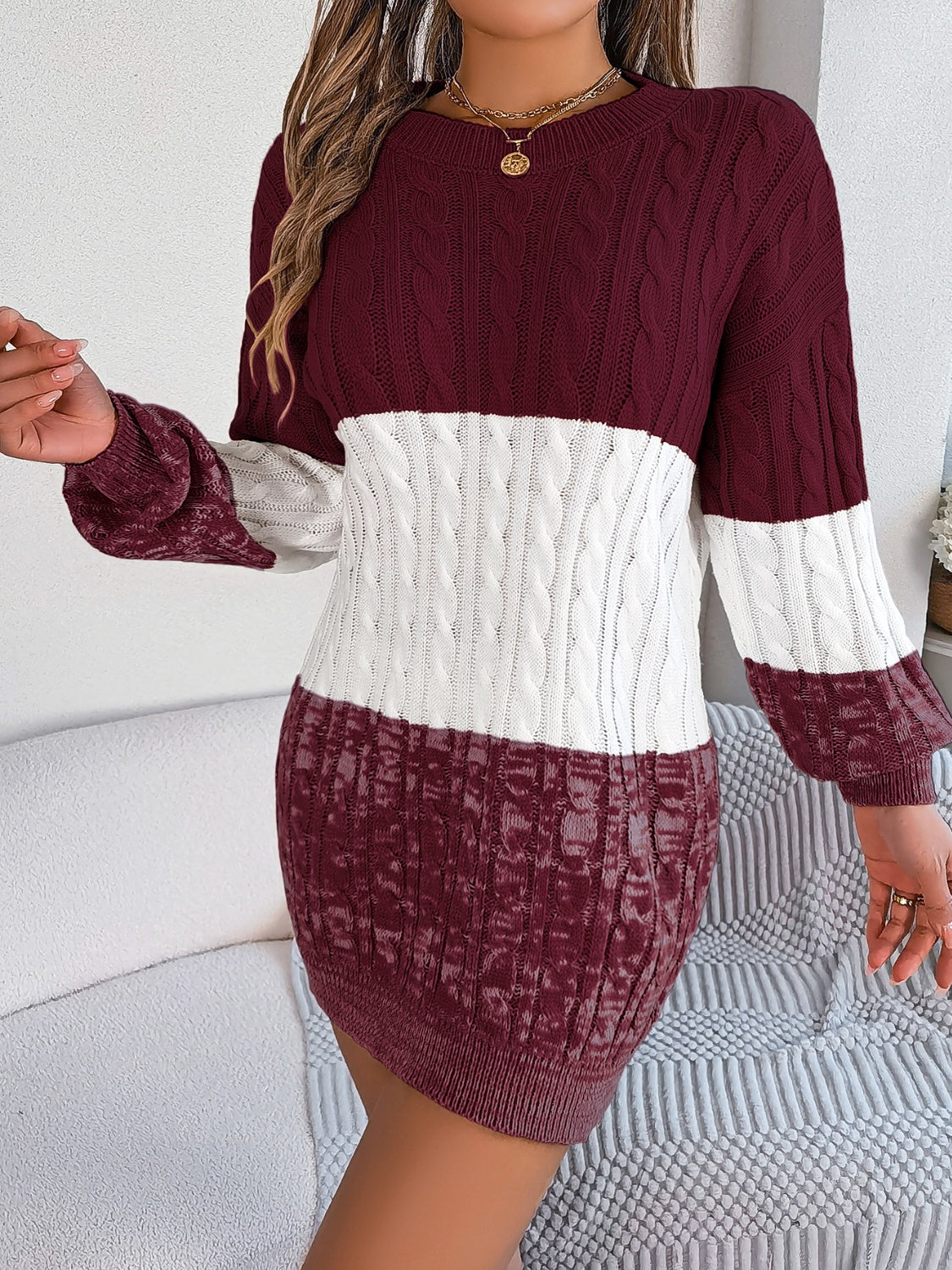 Cable-Knit Round Neck Color Block Sweater Dress-TOPS / DRESSES-[Adult]-[Female]-2022 Online Blue Zone Planet