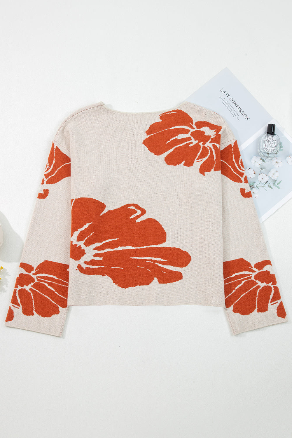 Beige Bold Flower Pattern Wide Sleeve Baggy Sweater-Sweaters & Cardigans/Sweaters-[Adult]-[Female]-2022 Online Blue Zone Planet