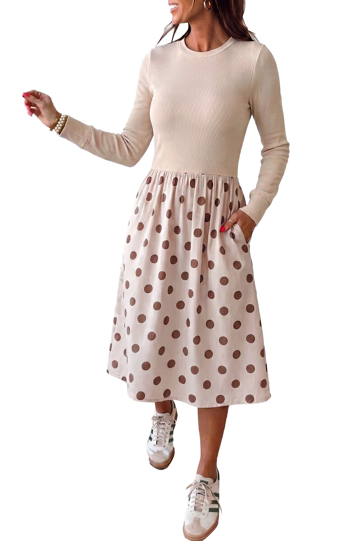 Beige Polka Dot Midi Long Sleeve Dress-TOPS / DRESSES-[Adult]-[Female]-2022 Online Blue Zone Planet
