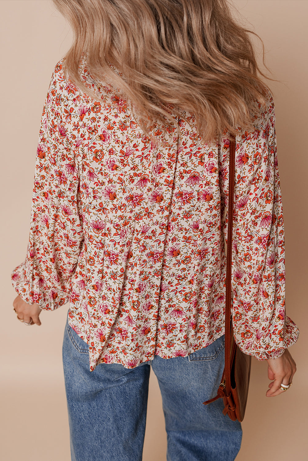 Red Floral Print Pleated Detail Notched Neck Puff Sleeve Blouse-Tops/Blouses & Shirts-[Adult]-[Female]-2022 Online Blue Zone Planet