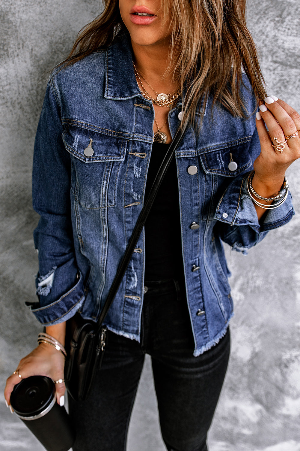 Blue Lapel Distressed Raw Hem Buttons Denim Jacket-Outerwear/Denim jackets-[Adult]-[Female]-2022 Online Blue Zone Planet