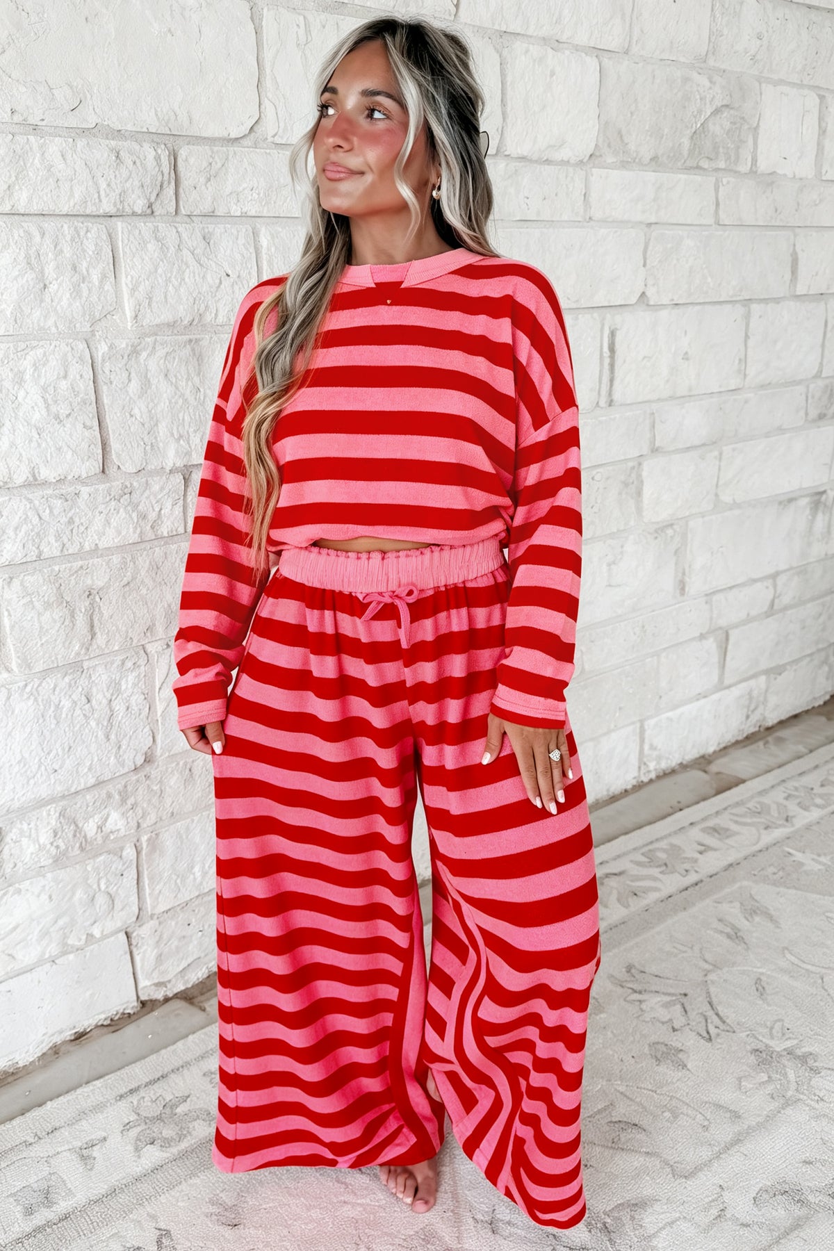 Red Stripe Two-Piece Drop Shoulder Pullover Loose Pants Set-Two Piece Sets/Pant Sets-[Adult]-[Female]-2022 Online Blue Zone Planet