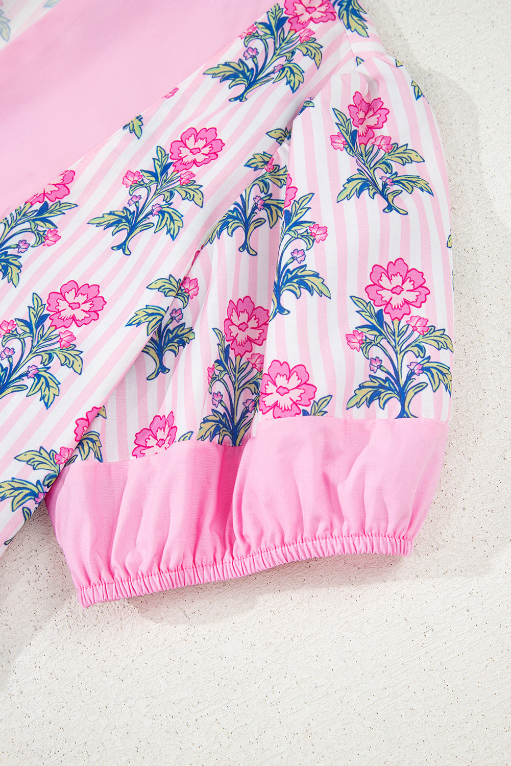 Rose Floral Striped Print Contrast Patchwork Ruffle Hem Blouse-Tops/Blouses & Shirts-[Adult]-[Female]-2022 Online Blue Zone Planet