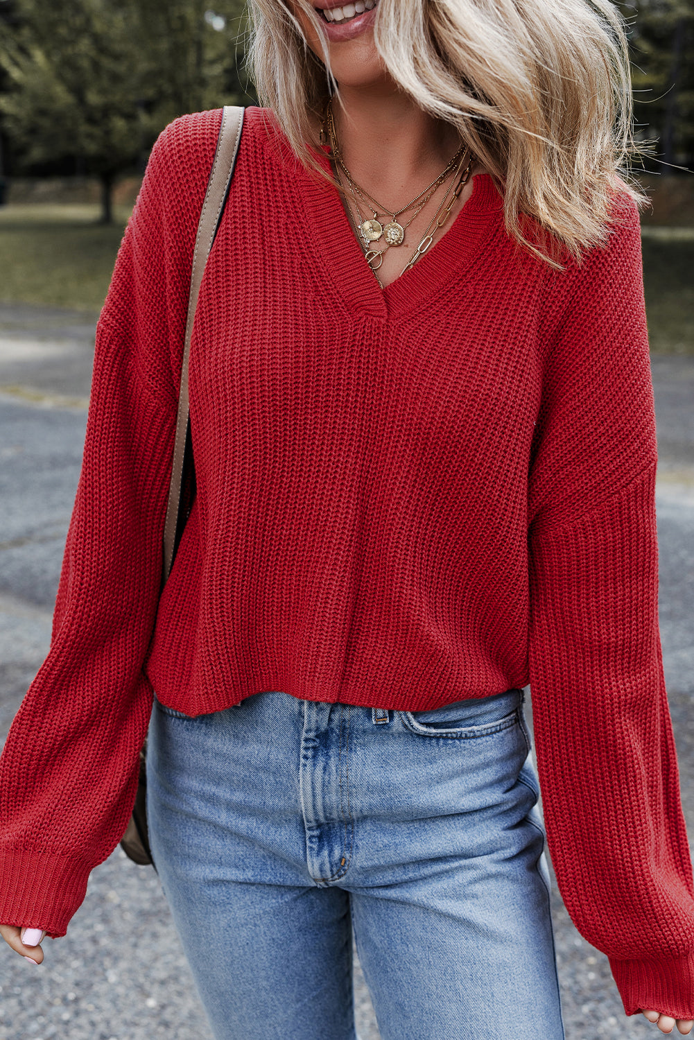 Racing Red Solid Textured Knit V Neck Drop Shoulder Sweater-TOPS / DRESSES-[Adult]-[Female]-Racing Red-S-2022 Online Blue Zone Planet