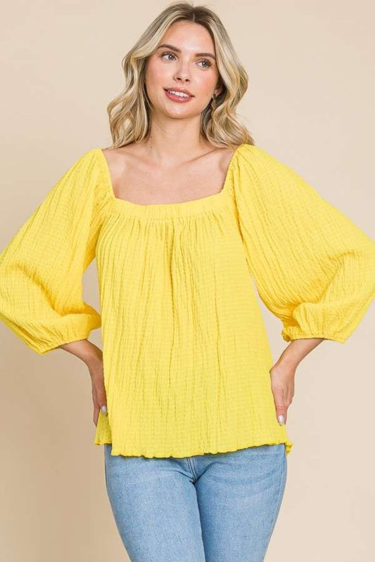 Culture Code Texture Square Neck Puff Sleeve Top-TOPS / DRESSES-[Adult]-[Female]-Lemonade-S-2022 Online Blue Zone Planet