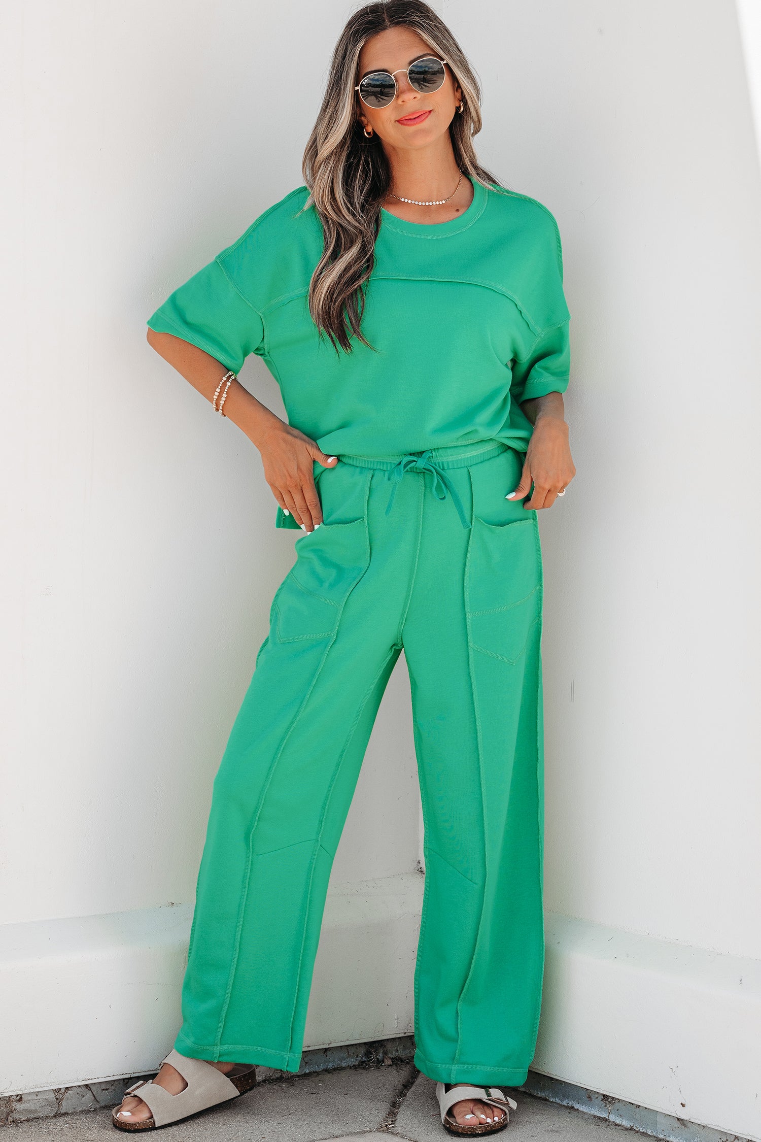 Sky Blue Drop Shoulder Boxy Tee and Barrel Pants Set-Two Piece Sets/Pant Sets-[Adult]-[Female]-2022 Online Blue Zone Planet