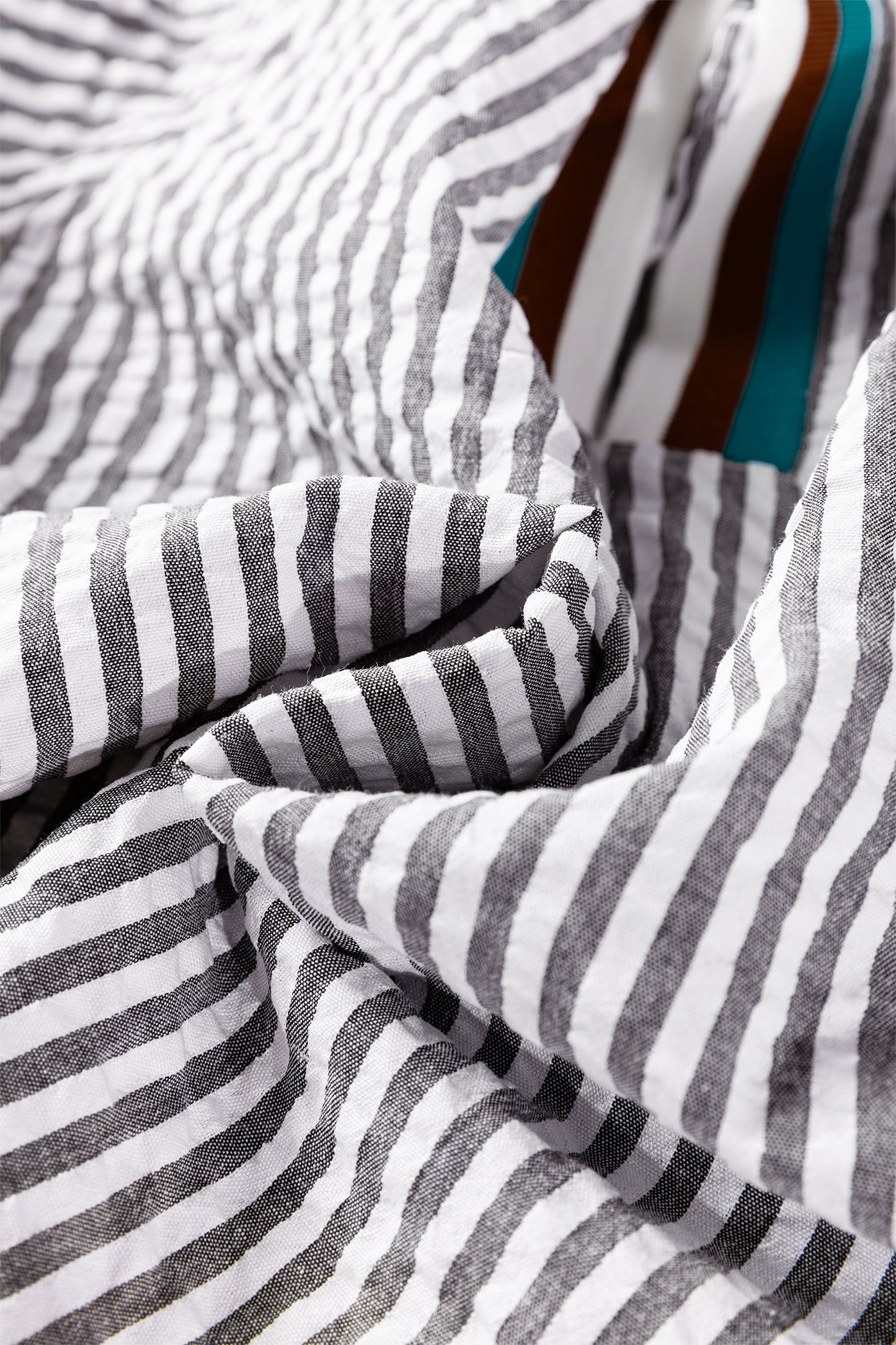 Dark Grey Striped Print Contrast Patchwork Detail Split Neck Blouse-Tops/Blouses & Shirts-[Adult]-[Female]-2022 Online Blue Zone Planet