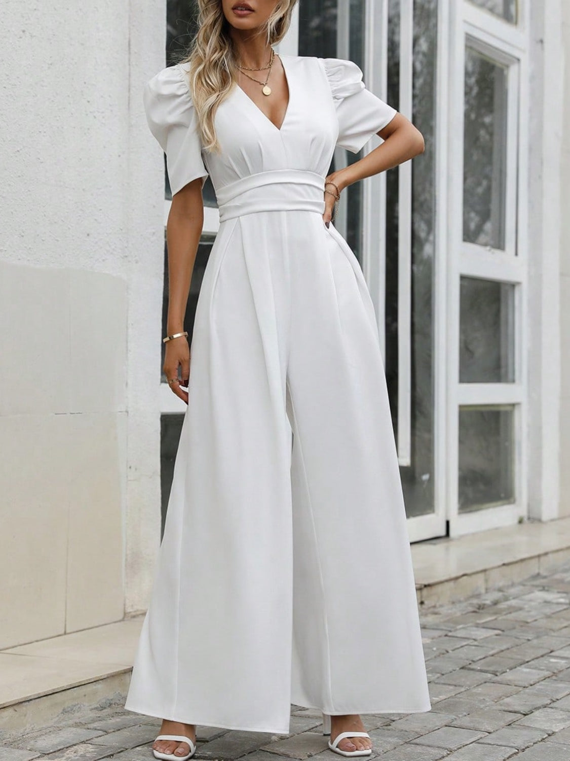 V-Neck Short Sleeve Wide Leg Jumpsuit-TOPS / DRESSES-[Adult]-[Female]-White-S-2022 Online Blue Zone Planet