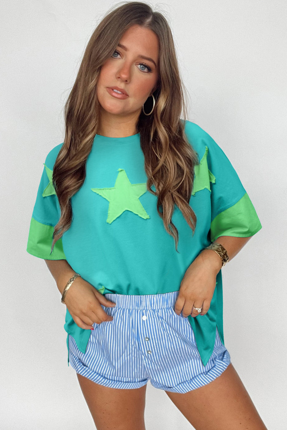 Aruba Blue Frayed Denim Star Patched Oversize T Shirt-Tops/Tops & Tees-[Adult]-[Female]-2022 Online Blue Zone Planet
