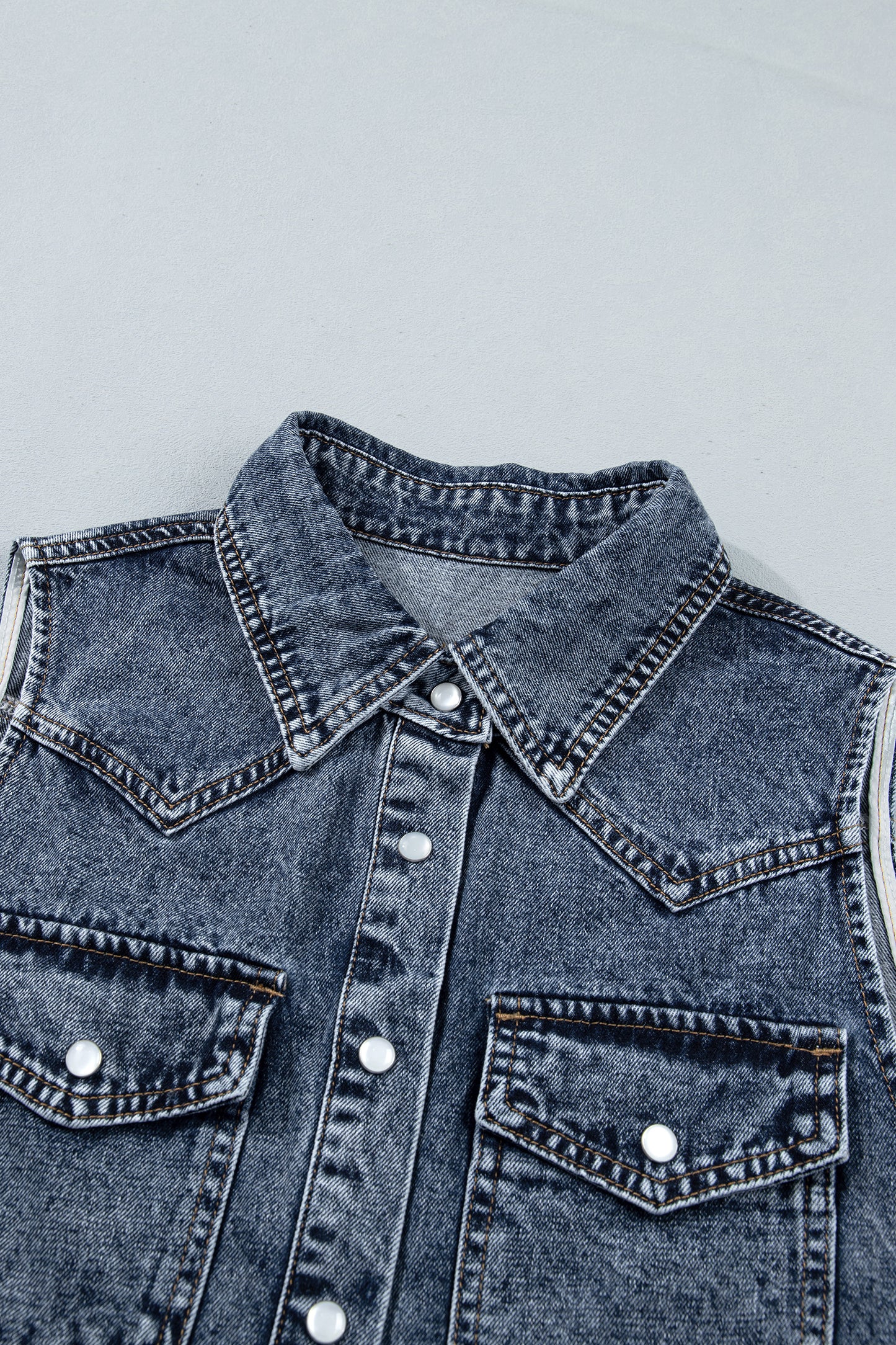 Ashleigh Blue Solid Denim Button Front Pocket Sleeveless Cowboy Vest-Outerwear/Vests-[Adult]-[Female]-2022 Online Blue Zone Planet