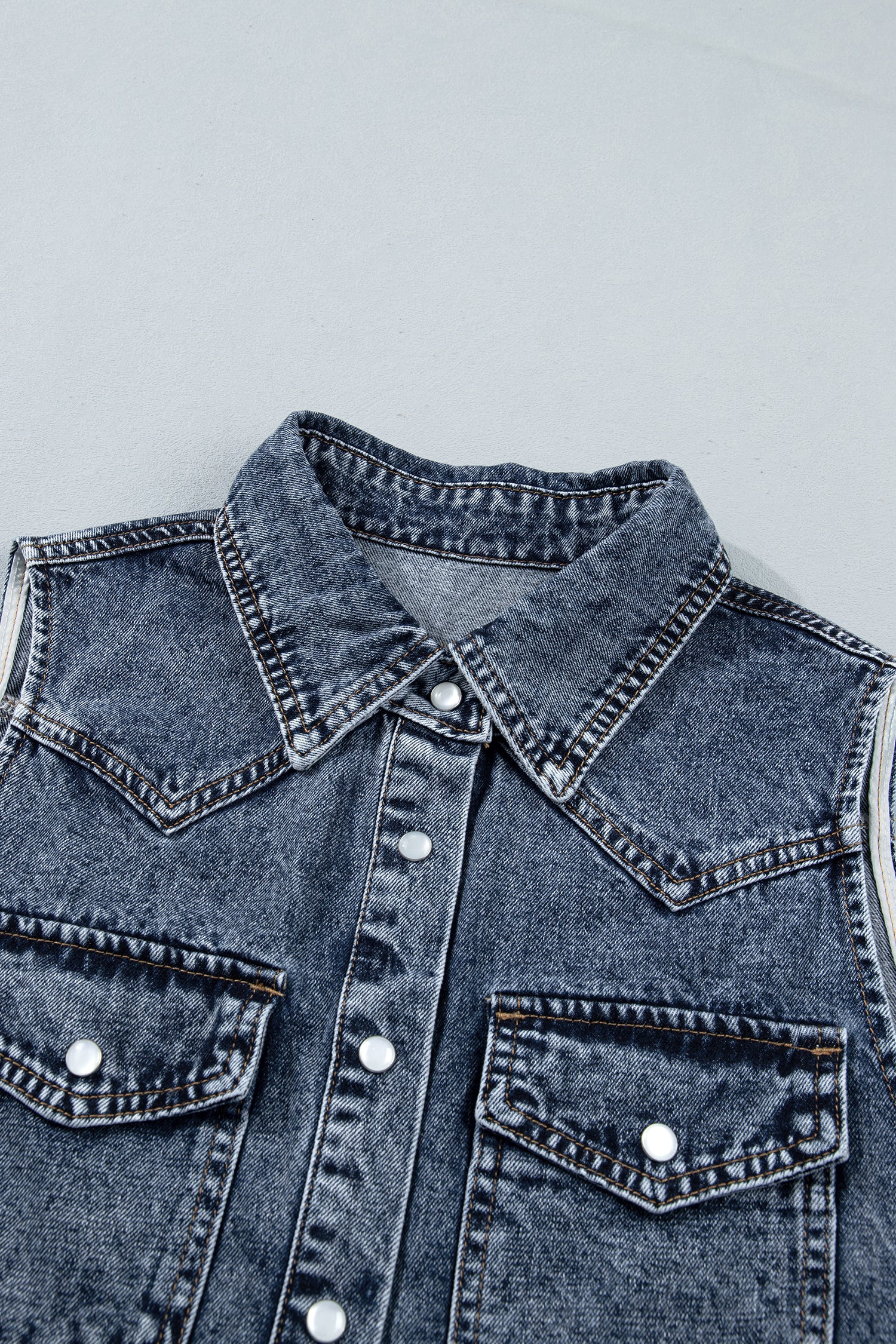 Ashleigh Blue Solid Denim Button Front Pocket Sleeveless Cowboy Vest-Outerwear/Vests-[Adult]-[Female]-2022 Online Blue Zone Planet