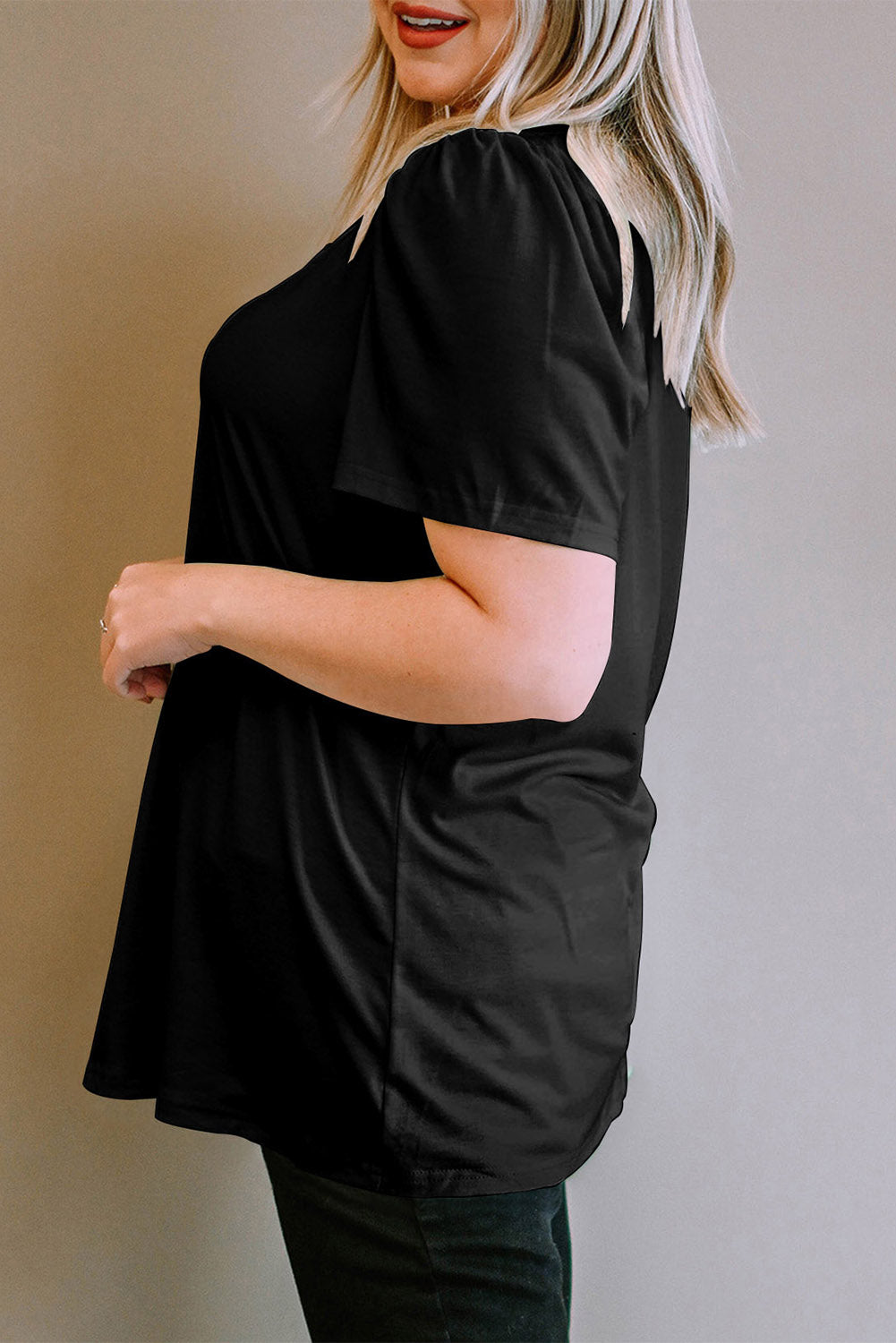 Black Plus Size Square Neck Ruched Shoulder Short Sleeve Top-Sale (50% OFF)/20% OFF-[Adult]-[Female]-2022 Online Blue Zone Planet