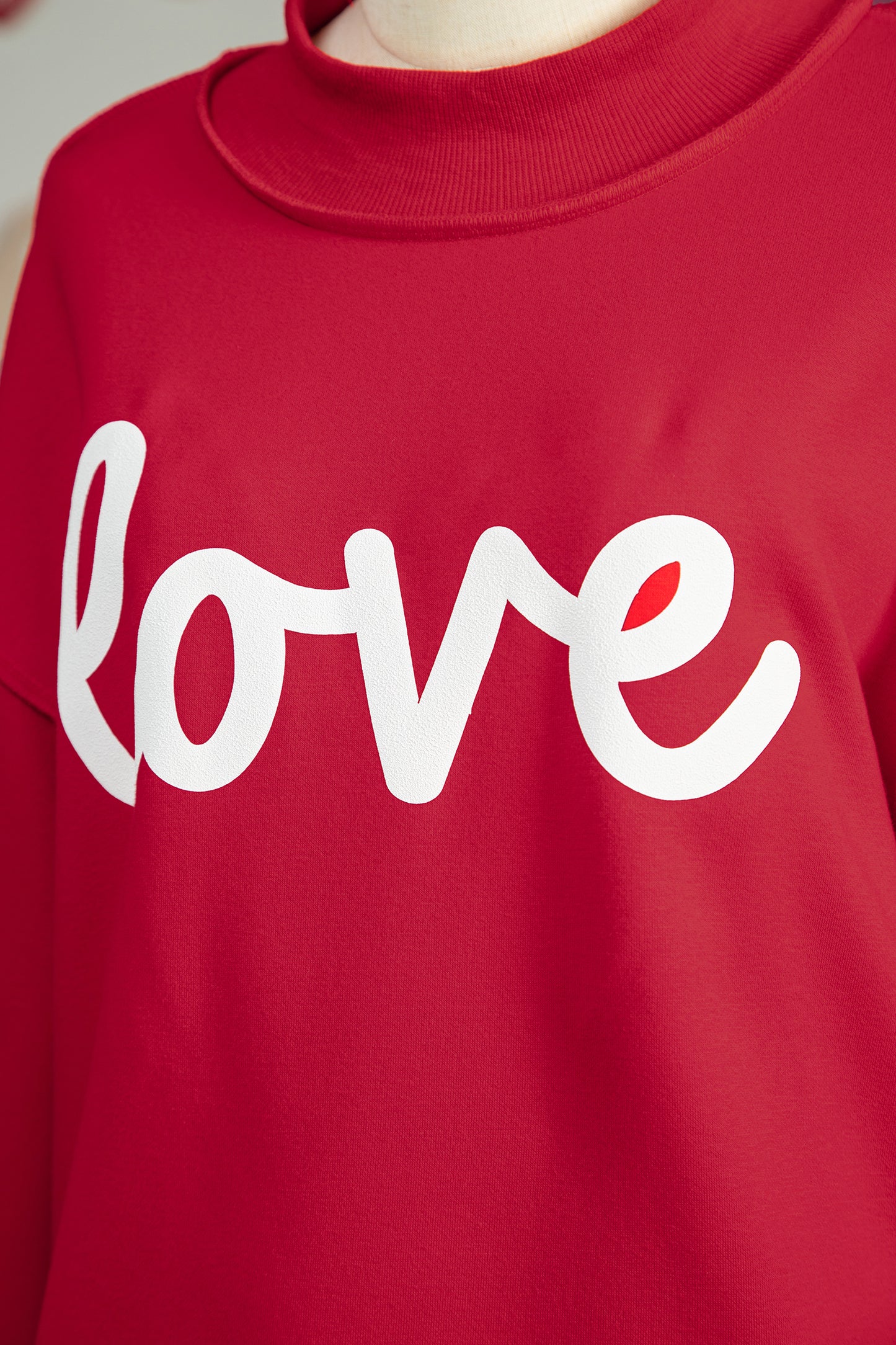 Racing Red Valentines Day Heart Love Script Reversible Printed Double Wear Mock Neck Sweatshirt-Graphic/Graphic Sweatshirts-[Adult]-[Female]-2022 Online Blue Zone Planet