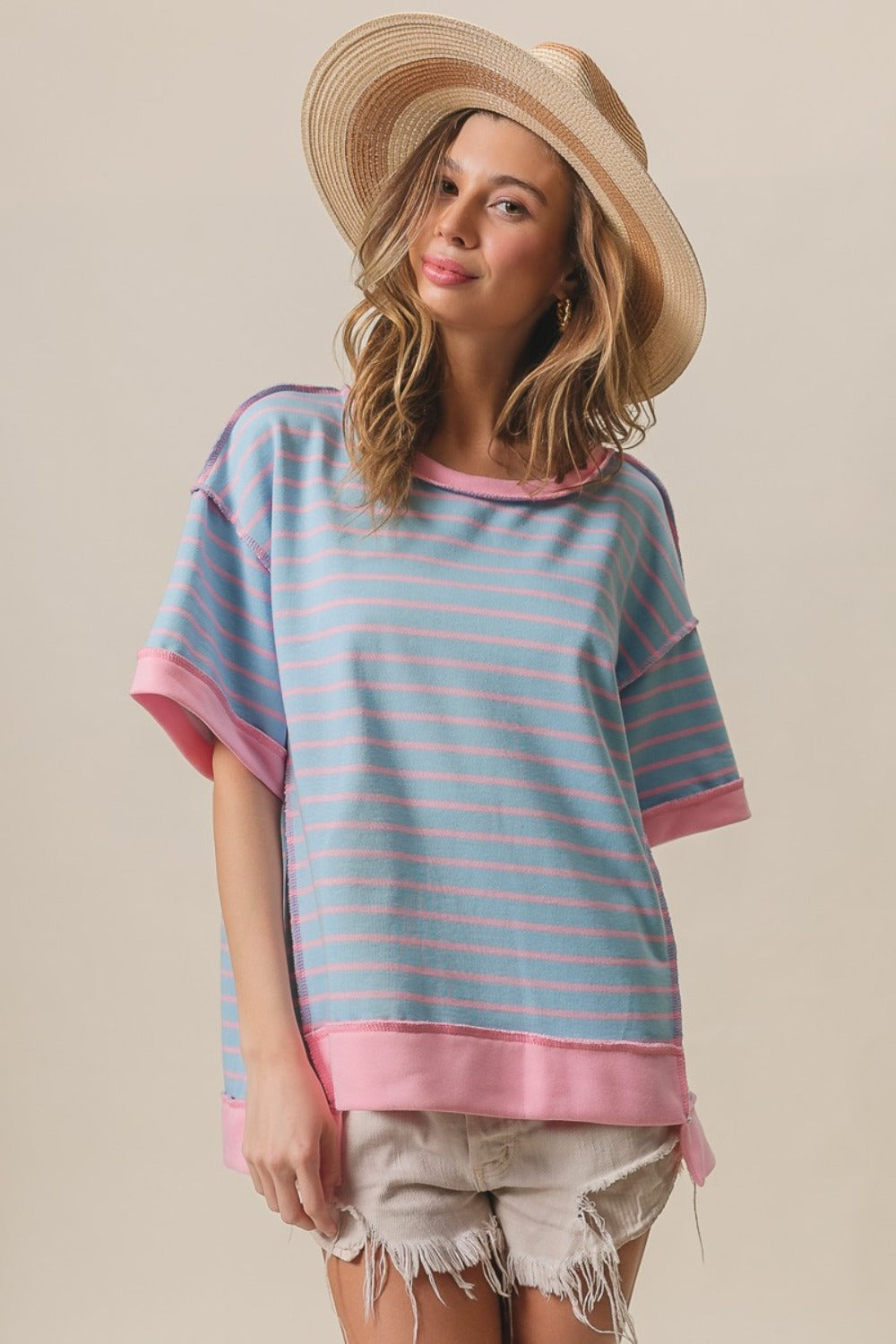 BiBi Exposed Seam Stripe Contrast T-Shirt-TOPS / DRESSES-[Adult]-[Female]-2022 Online Blue Zone Planet