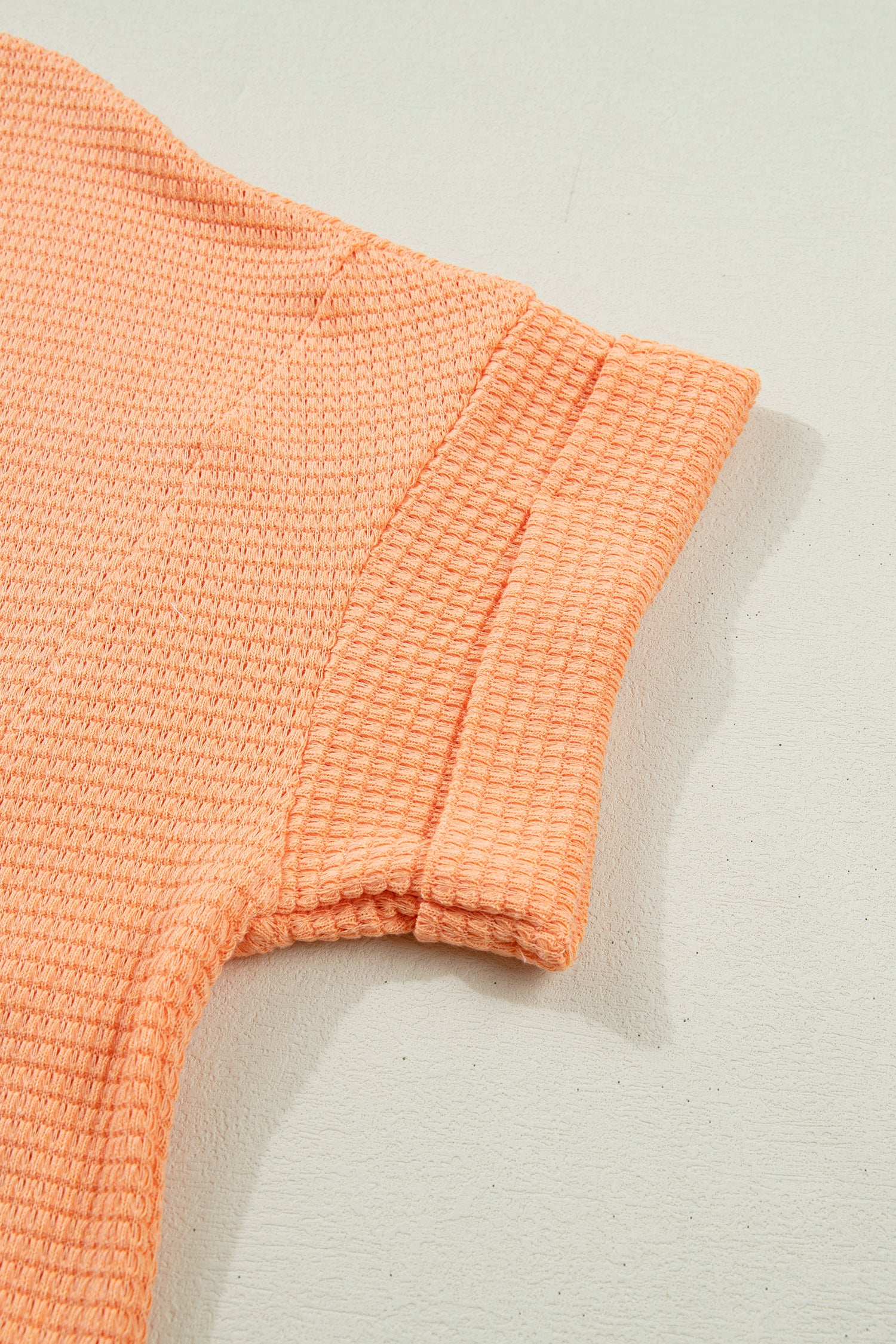 Grapefruit Orange Waffle V Neck Short Sleeve Knit Top-Tops/Tops & Tees-[Adult]-[Female]-2022 Online Blue Zone Planet