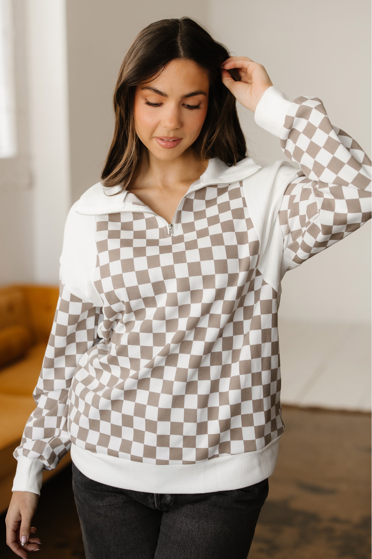 Khaki Checkered Print Quarter Zip Ribbed Patchwork Loose Sweatshirt-Tops/Sweatshirts & Hoodies-[Adult]-[Female]-2022 Online Blue Zone Planet