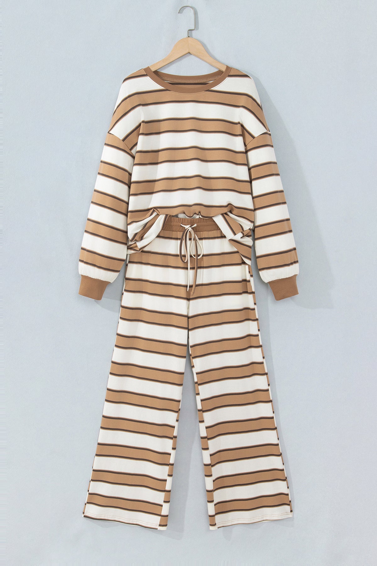 Khaki Stripe Contrast Trim Patchwork Casual Two-Piece Pants Set-Two Piece Sets/Pant Sets-[Adult]-[Female]-2022 Online Blue Zone Planet