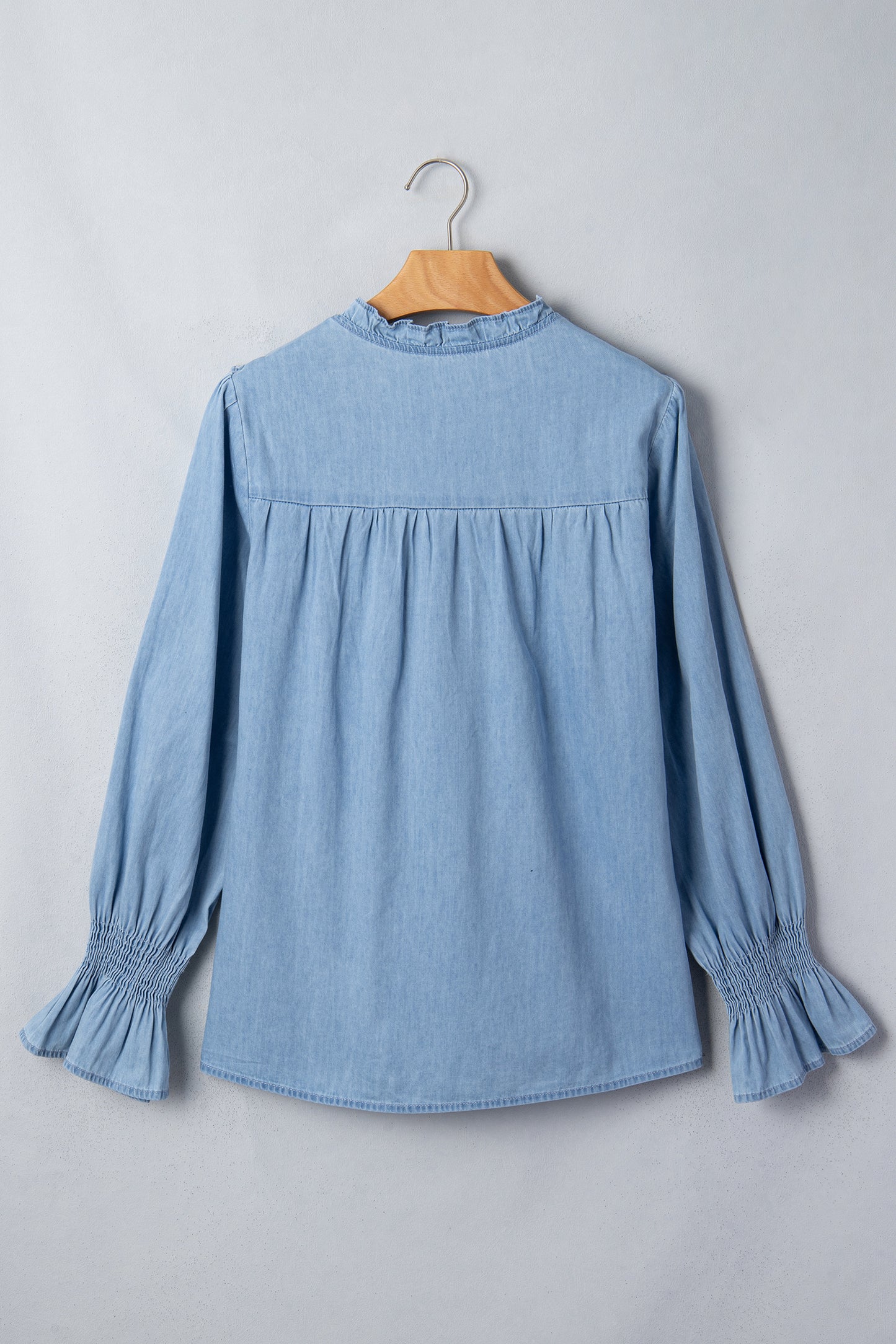 Beau Blue Western Ruffle V Neck Long Sleeve Chambray Blouse-Tops/Blouses & Shirts-[Adult]-[Female]-2022 Online Blue Zone Planet