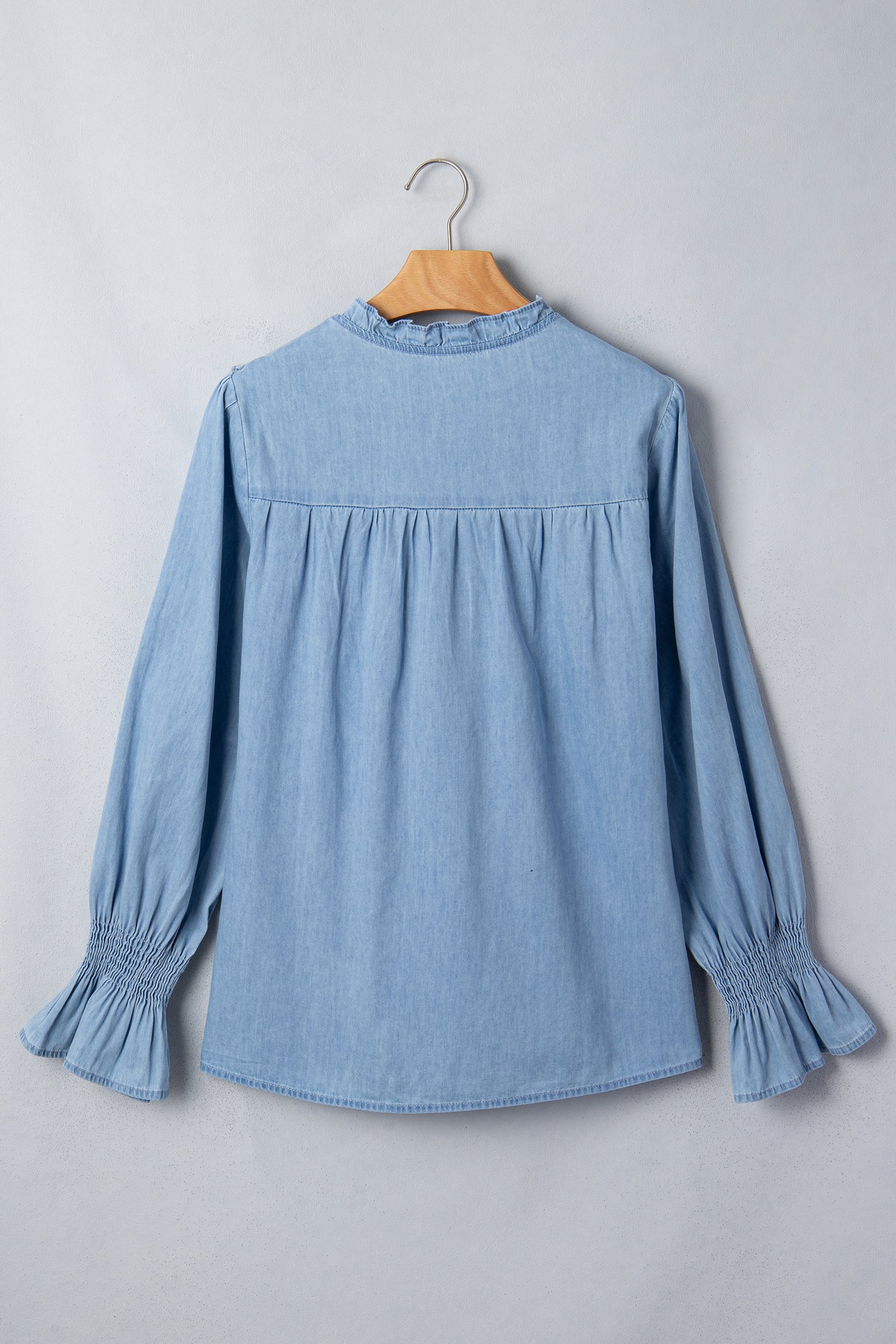 Beau Blue Western Ruffle V Neck Long Sleeve Chambray Blouse-Tops/Blouses & Shirts-[Adult]-[Female]-2022 Online Blue Zone Planet