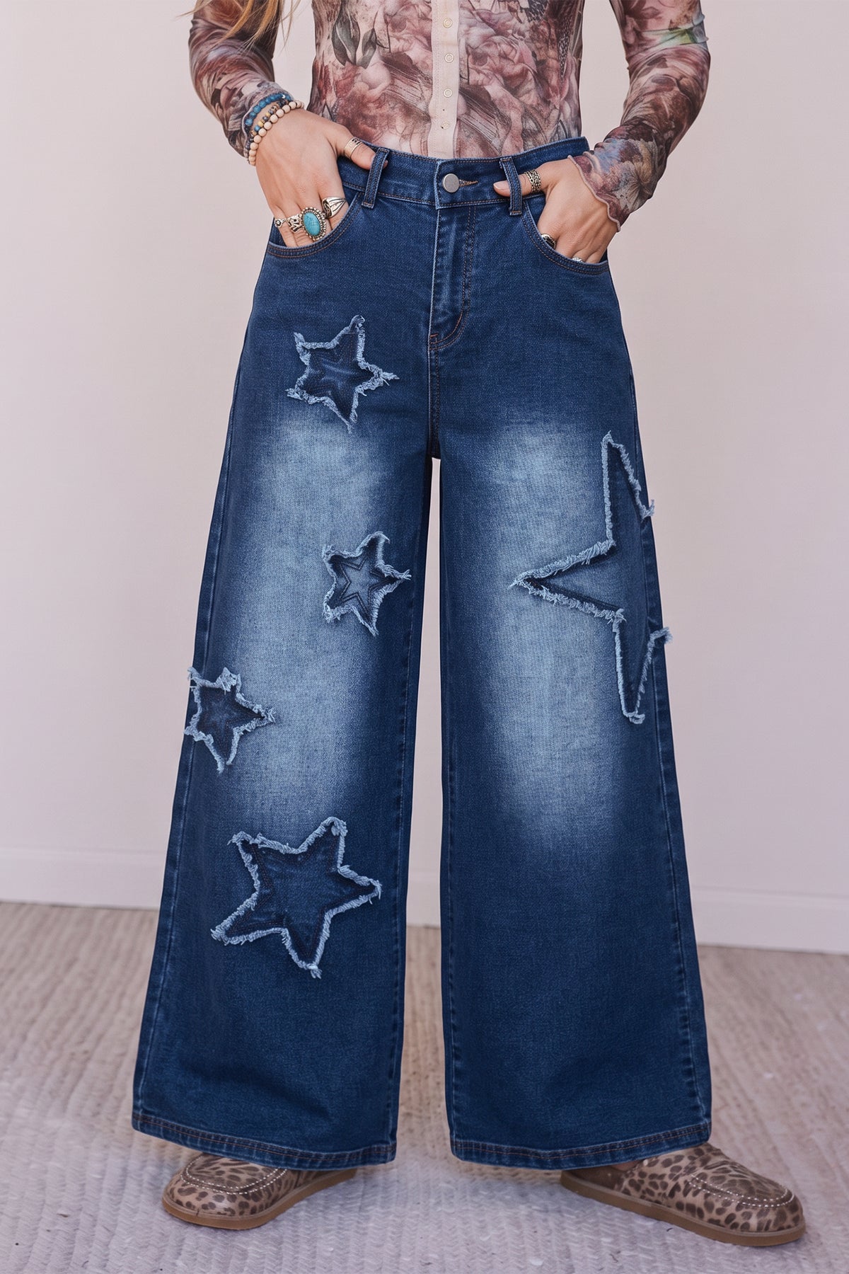 Ashleigh Blue Star Decorated Wide Leg Jeans-Bottoms/Jeans-[Adult]-[Female]-2022 Online Blue Zone Planet