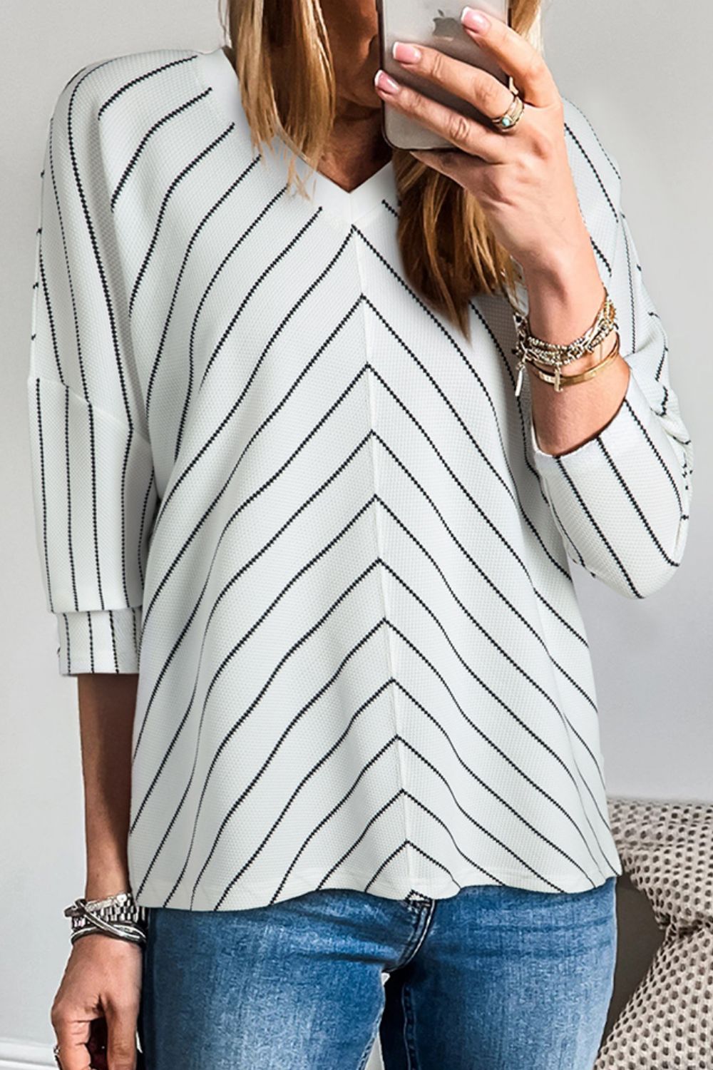 Striped V-Neck Long Sleeve Blouse-TOPS / DRESSES-[Adult]-[Female]-2022 Online Blue Zone Planet