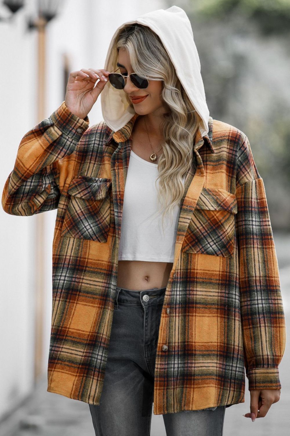 Drawstring Plaid Long Sleeve Hooded Shacket-TOPS / DRESSES-[Adult]-[Female]-Sherbet-S-2022 Online Blue Zone Planet