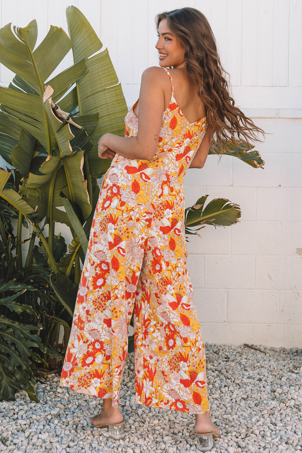 Orange Floral V Neck Wide Leg Sleeveless Jumpsuit-Bottoms/Jumpsuits & Rompers-[Adult]-[Female]-2022 Online Blue Zone Planet