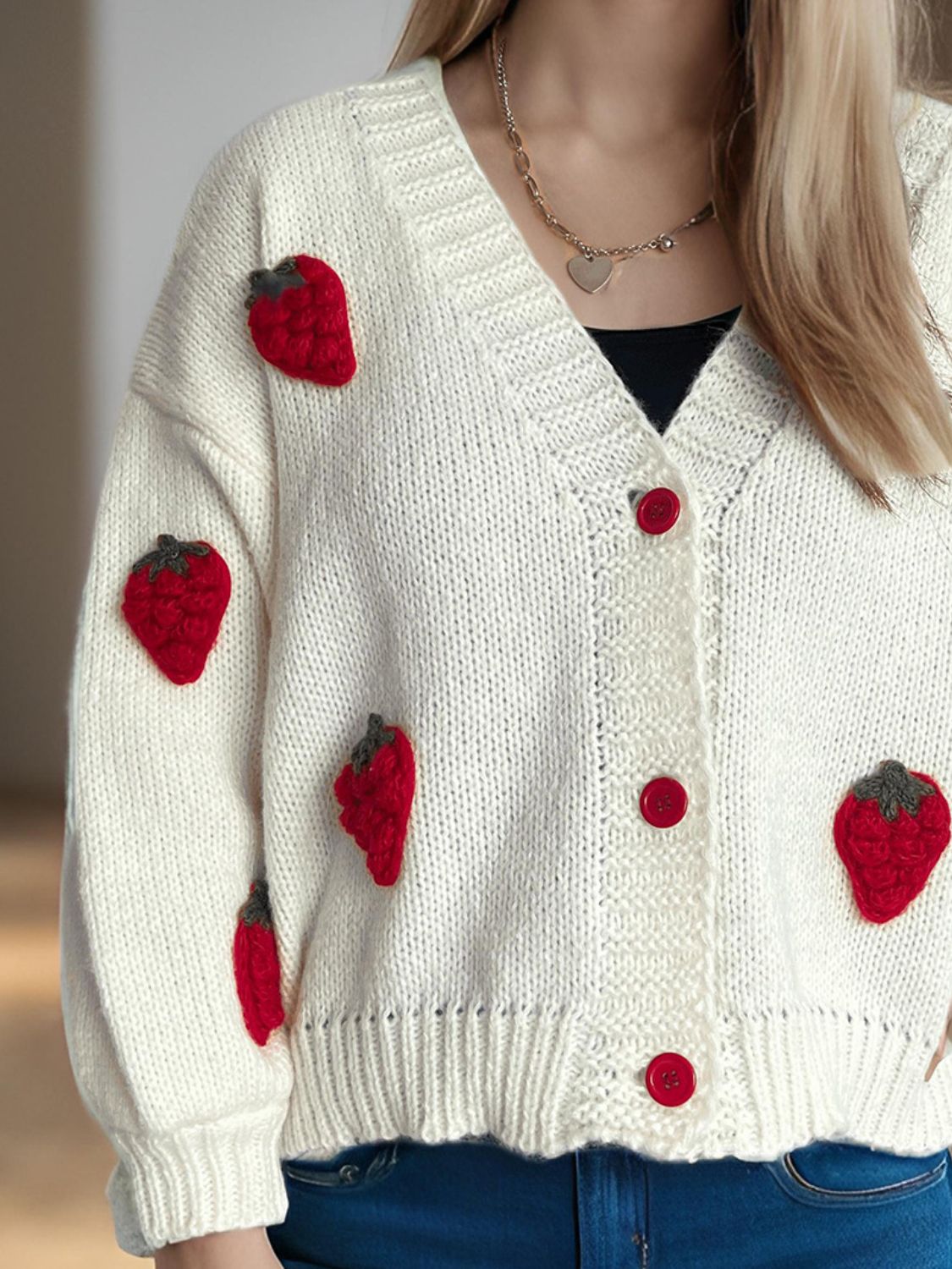 Crochet Strawberry V-Neck Long Sleeve Cardigan-NEW ARRIVALS-[Adult]-[Female]-2022 Online Blue Zone Planet