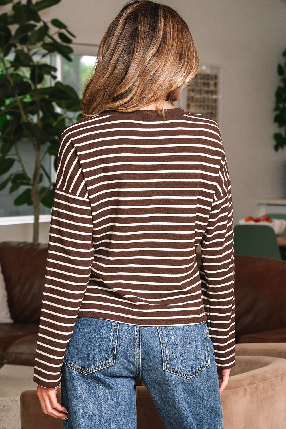 Brown Stripe Ribbed Cropped Crew Neck Long Sleeve T Shirt-Tops/Long Sleeve Tops-[Adult]-[Female]-2022 Online Blue Zone Planet