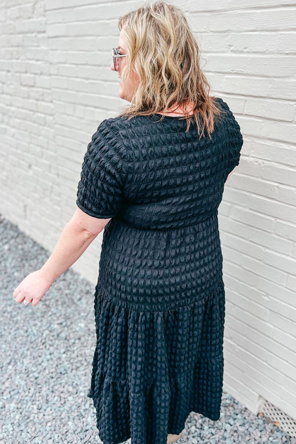 Black Plus Size Textured Tiered Short Sleeve Maxi Dress-TOPS / DRESSES-[Adult]-[Female]-2022 Online Blue Zone Planet