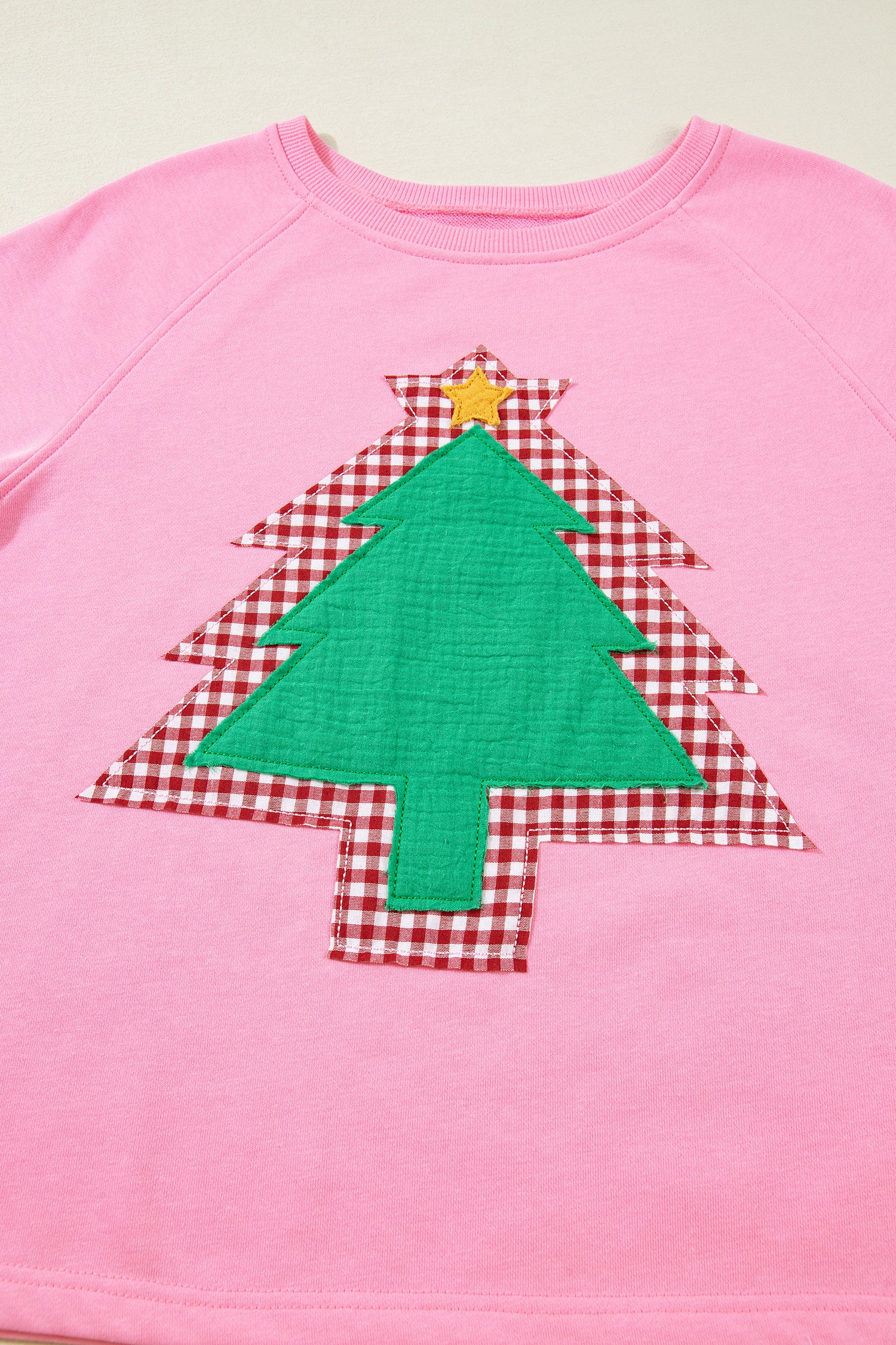 Sachet Pink Plaid Contrasted Double Christmas Tree Patched Raglan Sleeve Pullover 2pcs Short Set-Two Piece Sets/Short Sets-[Adult]-[Female]-2022 Online Blue Zone Planet