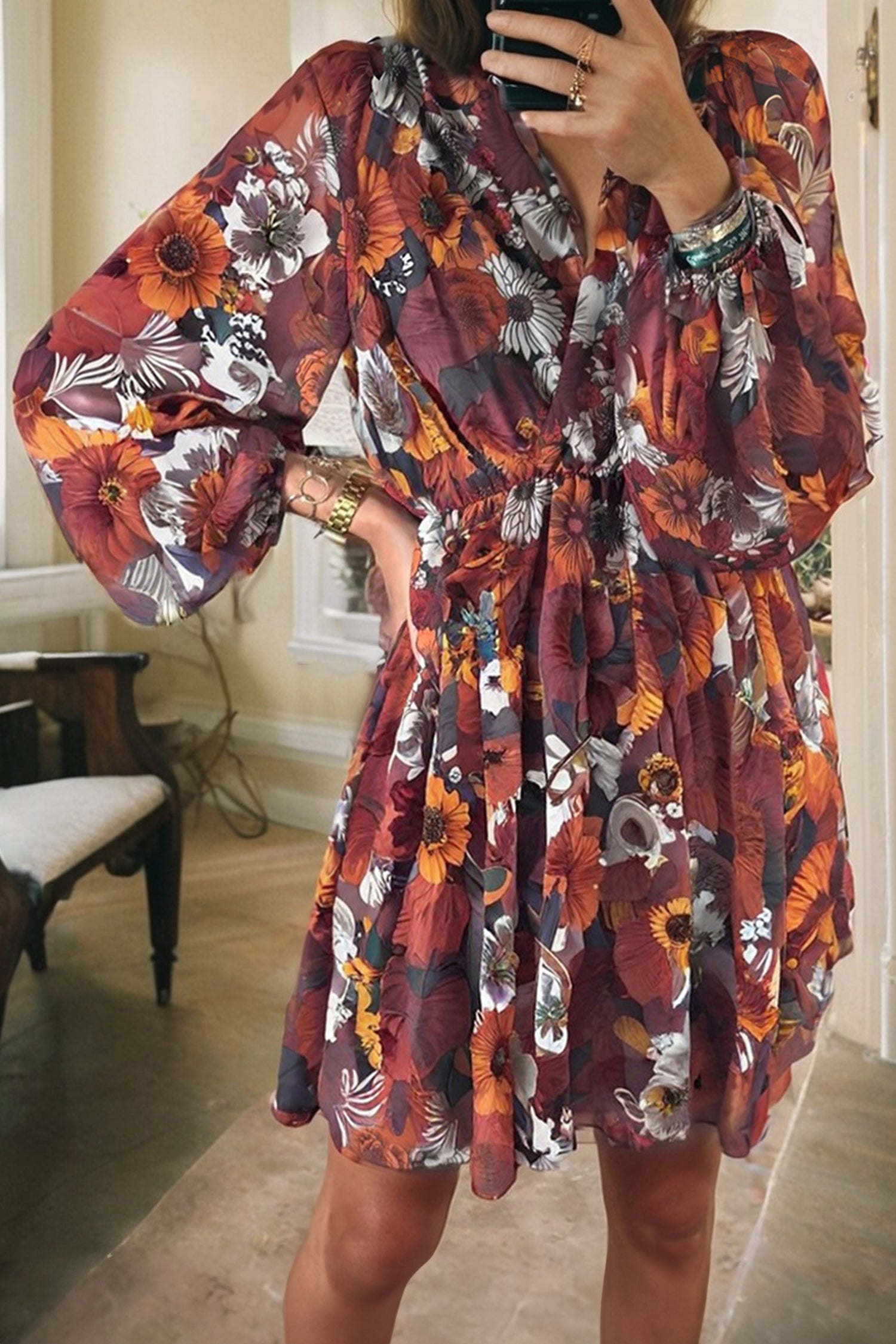 Red Floral Print Wrap V Neck Puff Sleeve Flowy Mini Dress-TOPS / DRESSES-[Adult]-[Female]-2022 Online Blue Zone Planet