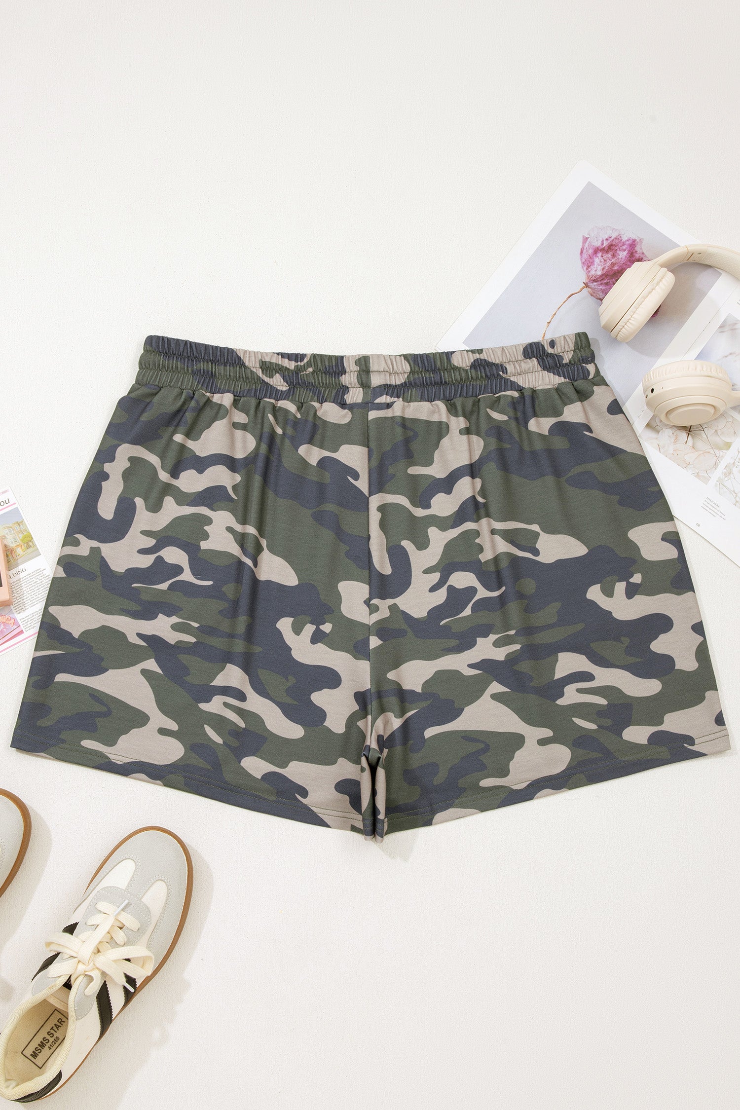 Green Tie Elastic Waist Pocketed Plus Size Camo Shorts-Plus Size/Plus Size Bottoms-[Adult]-[Female]-2022 Online Blue Zone Planet