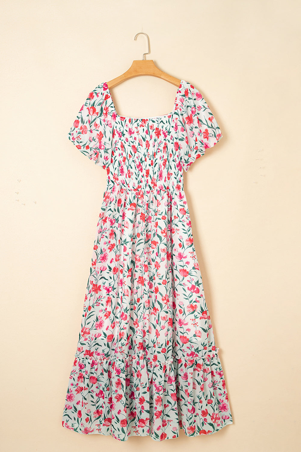 Pink Floral Puff Sleeve Square Neck Empire Waist Tiered Maxi Dress Pink Floral Puff Sleeve Square Neck Empire Waist Tiered Maxi Dress