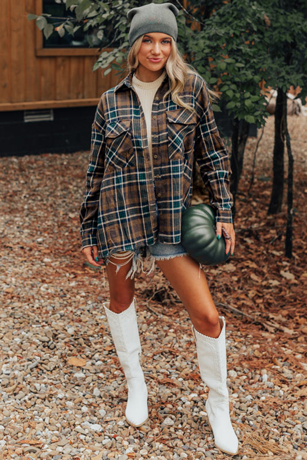 Brown Plaid Print Chest Pockets Buttoned Shirt Jacket-Outerwear/Plaid Shackets-[Adult]-[Female]-2022 Online Blue Zone Planet