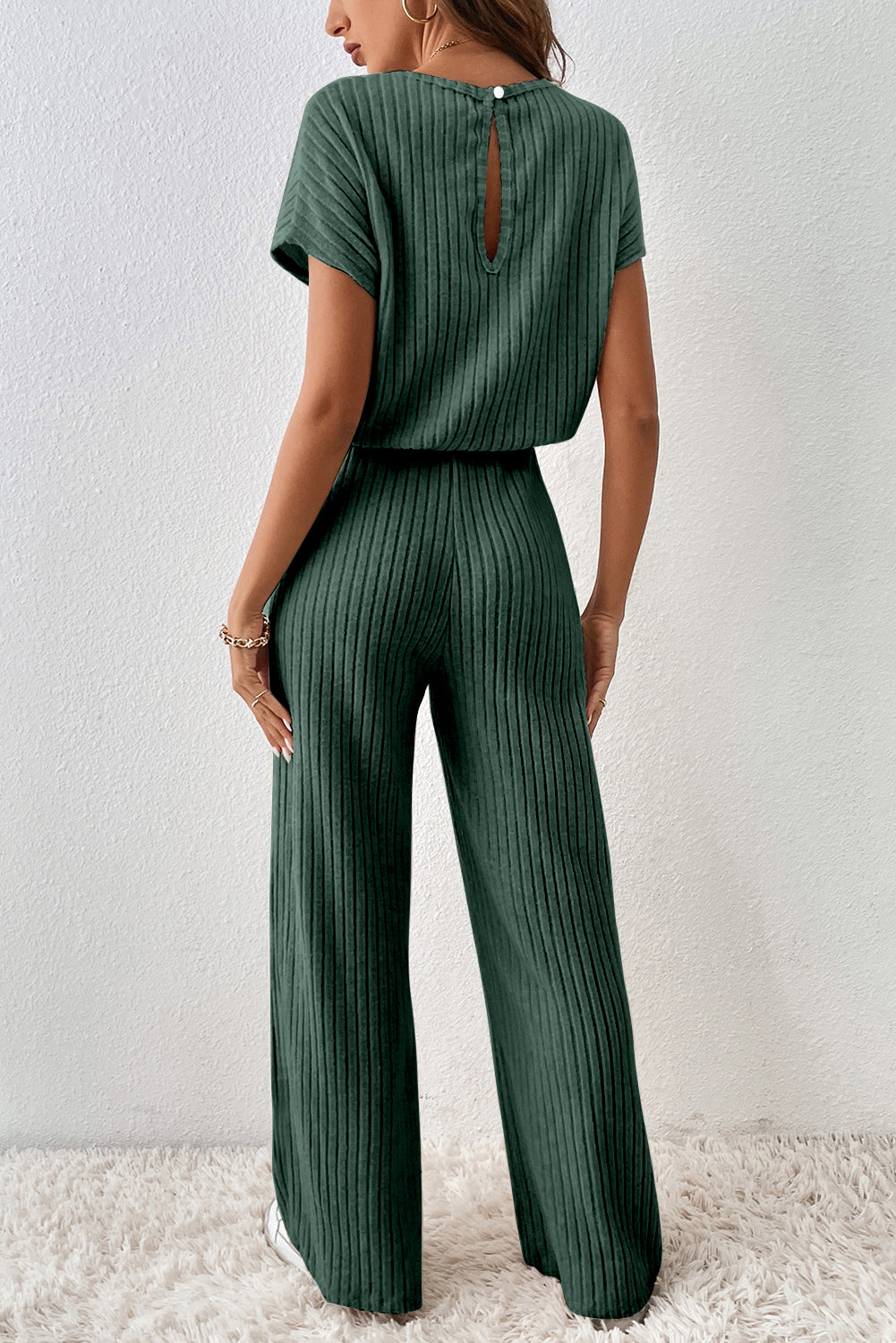 Mist Green Ribbed Keyhole Short Sleeve Wide Leg Jumpsuit-Bottoms/Jumpsuits & Rompers-[Adult]-[Female]-2022 Online Blue Zone Planet