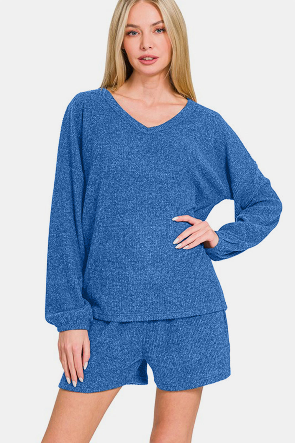 Blue Zone Planet | Zenana V-Neck Long Sleeve Ribbed Top and Shorts Set-TOPS / DRESSES-[Adult]-[Female]-2022 Online Blue Zone Planet