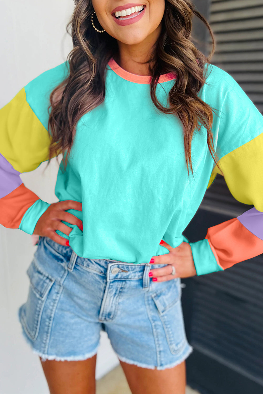 Green Colorblock Patchwork Long Sleeve Loose Top-Tops/Long Sleeve Tops-[Adult]-[Female]-2022 Online Blue Zone Planet