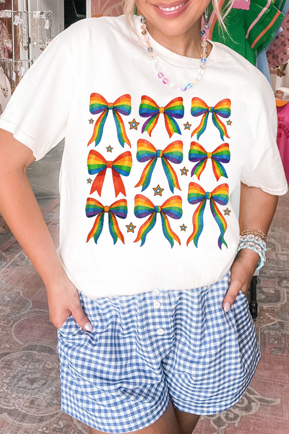 White Pride Bow Starry Print Cotton Blend T Shirt