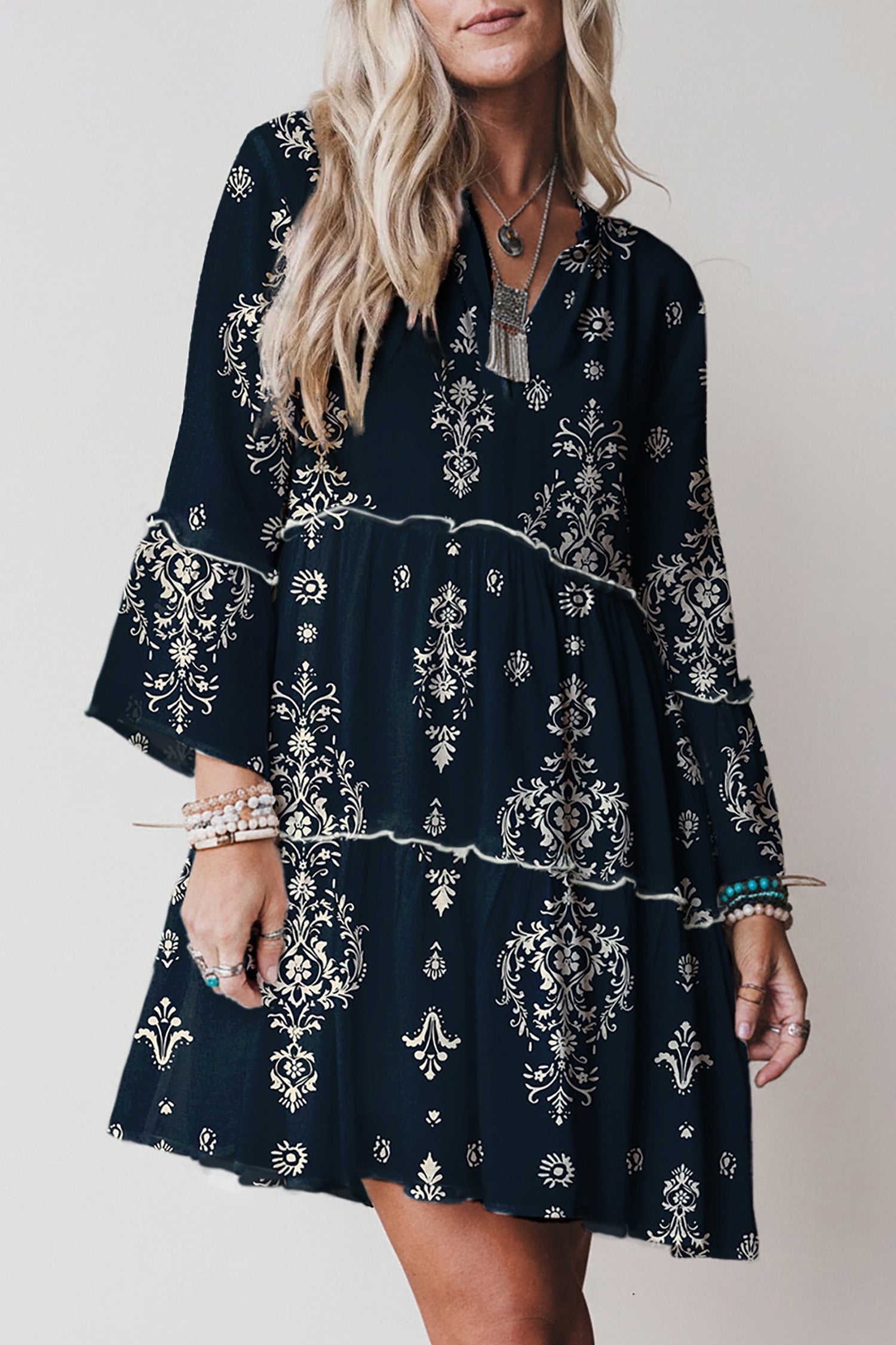 Blue Boho Floral Print Lettuce Trim 3/4 Sleeve Mini Dress-TOPS / DRESSES-[Adult]-[Female]-Blue-S-2022 Online Blue Zone Planet