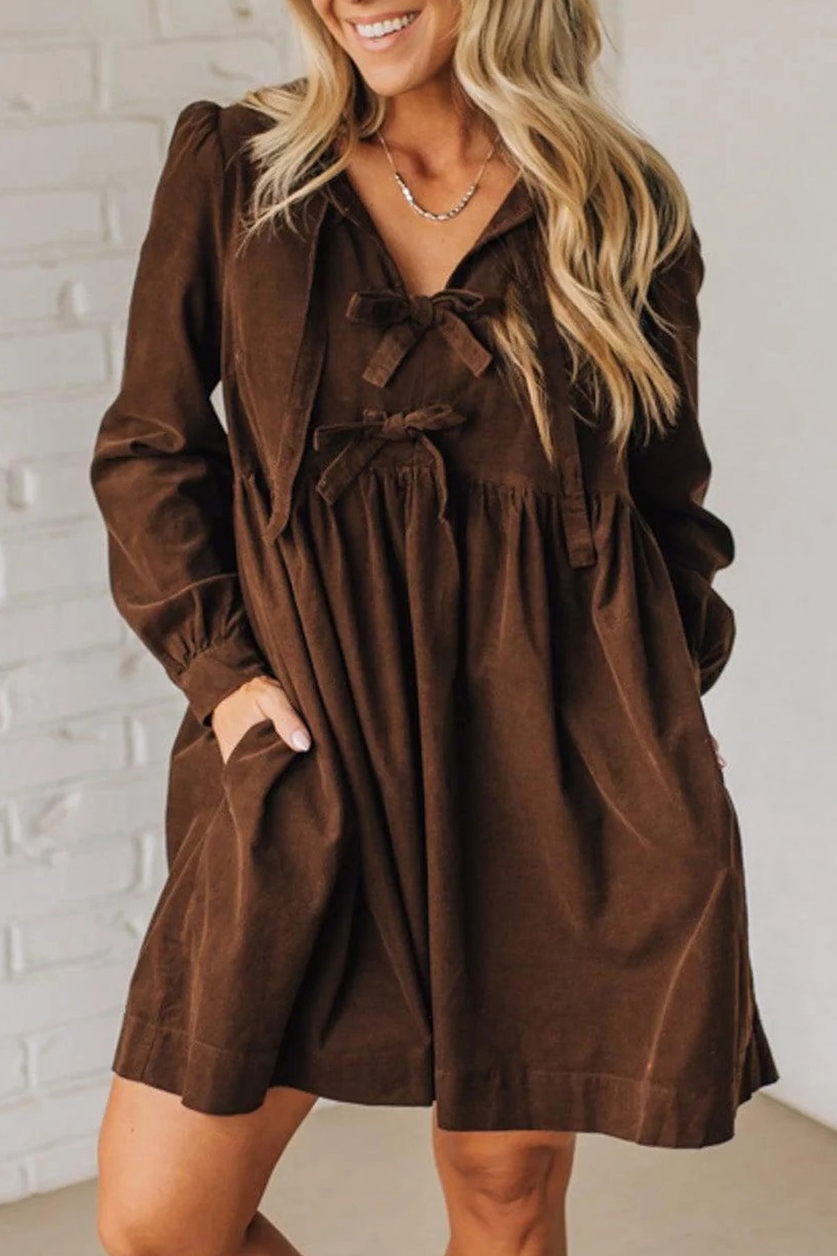 Coffee Bow Knot Front Long Sleeve Corduroy Mini Dress