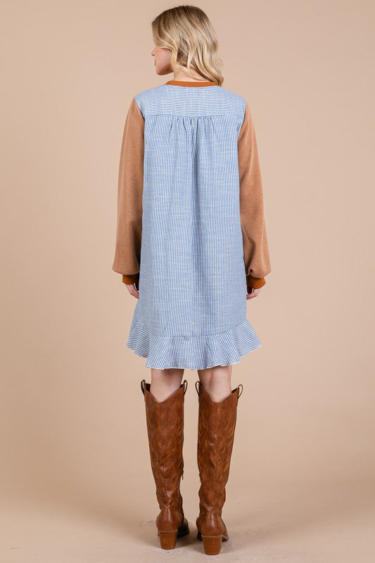 Ces Femme Striped Patchwork Round Neck Terry Sweatshirt Dress-TOPS / DRESSES-[Adult]-[Female]-2022 Online Blue Zone Planet